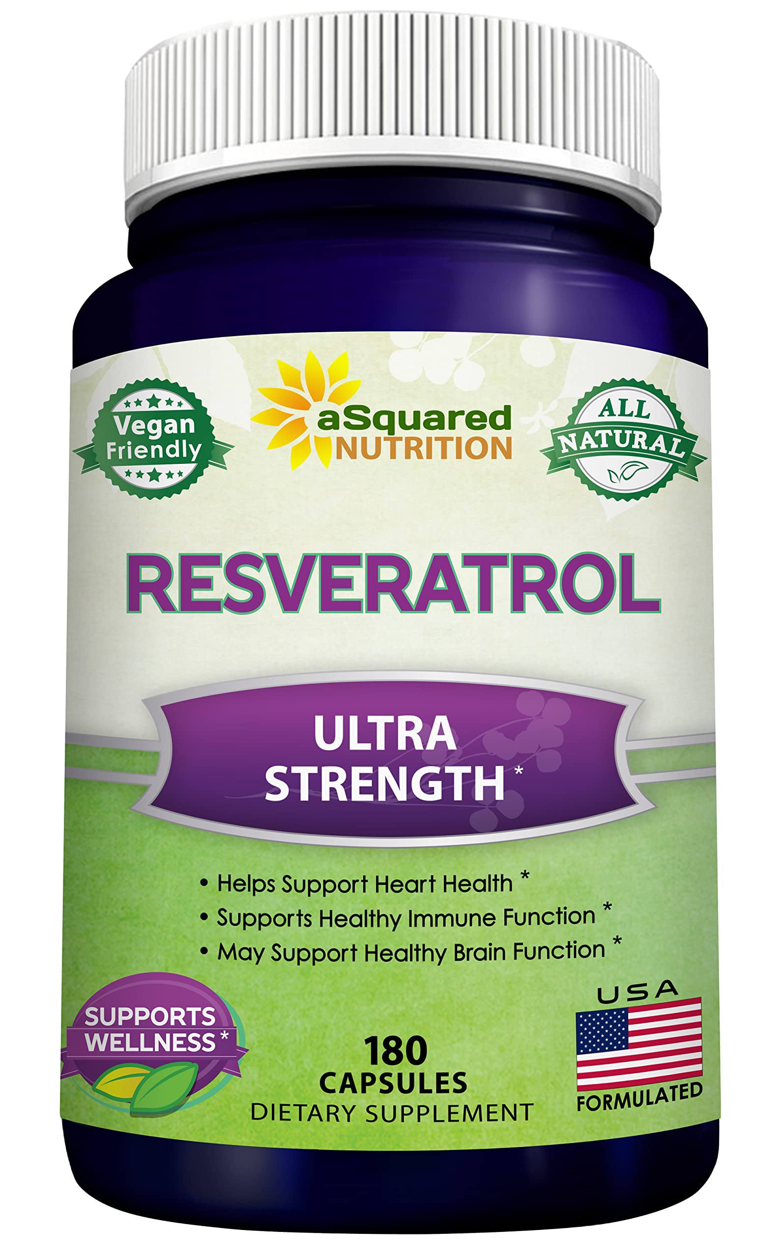 100% Natural Resveratrol 1000mg/Serving | 180 Capsules | Heart Health