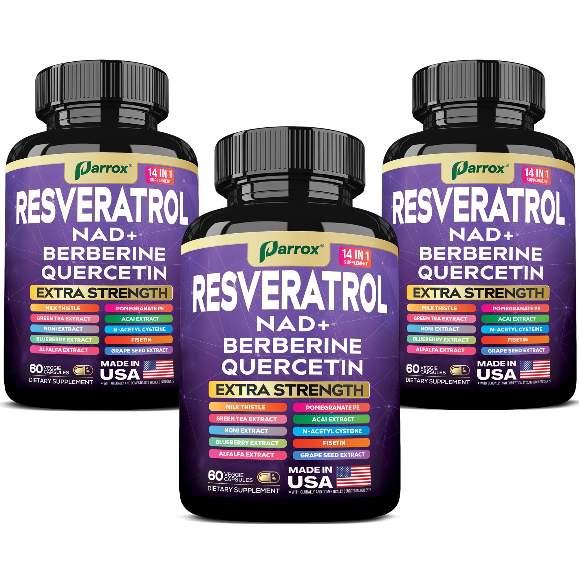 Resveratrol 14-in-1 Extra Strength (180 Caps) with NAD+, NAC & Berberine