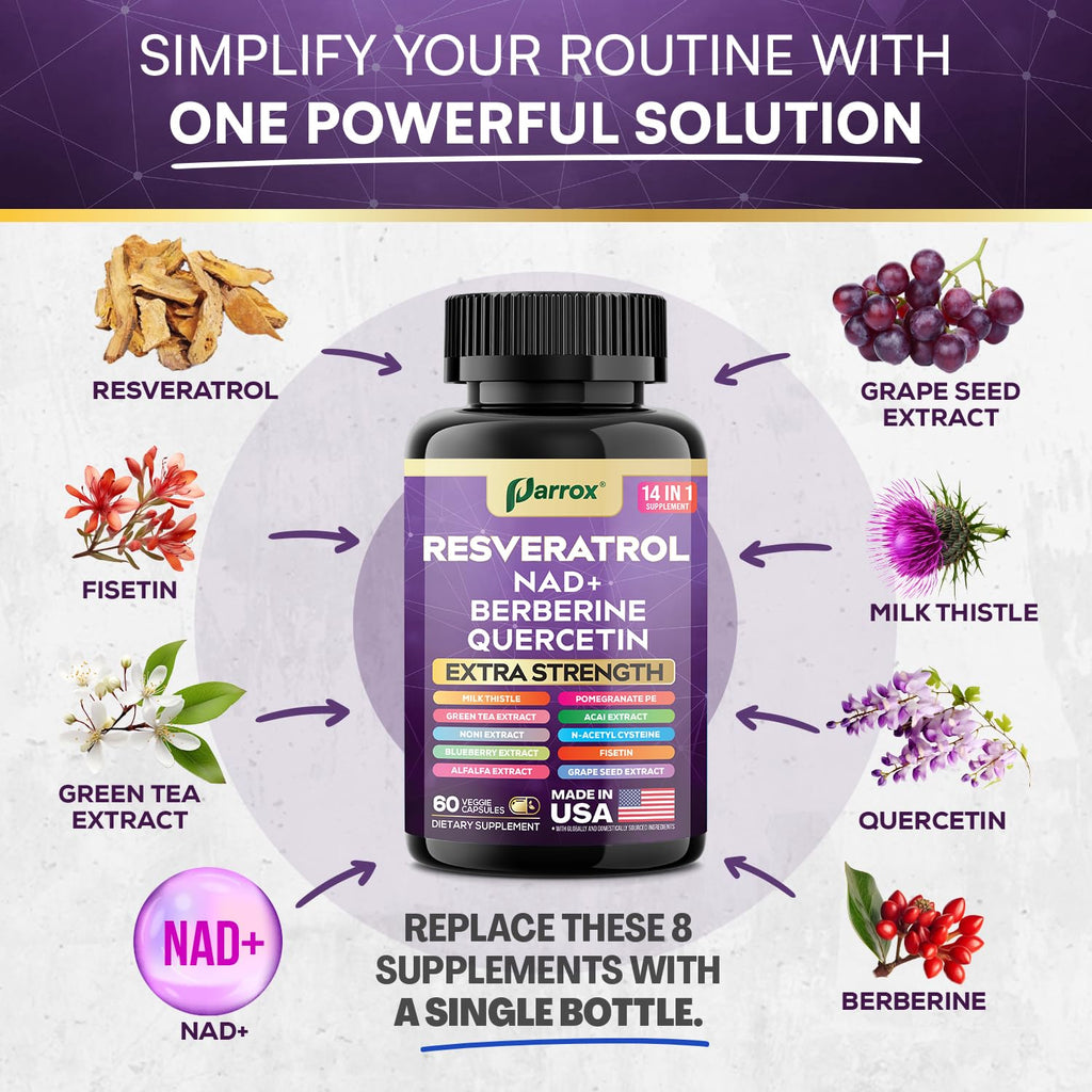 Resveratrol 14-in-1 Extra Strength (180 Caps) with NAD+, NAC & Berberine
