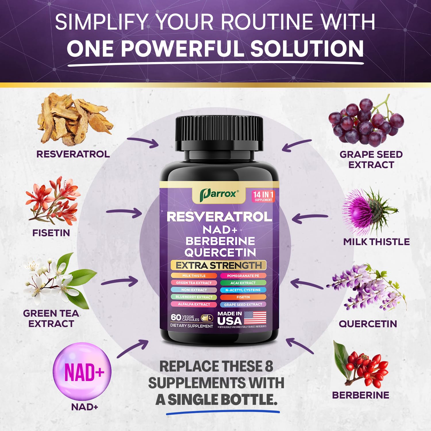 Resveratrol 14-in-1 Extra Strength (180 Caps) with NAD+, NAC & Berberine