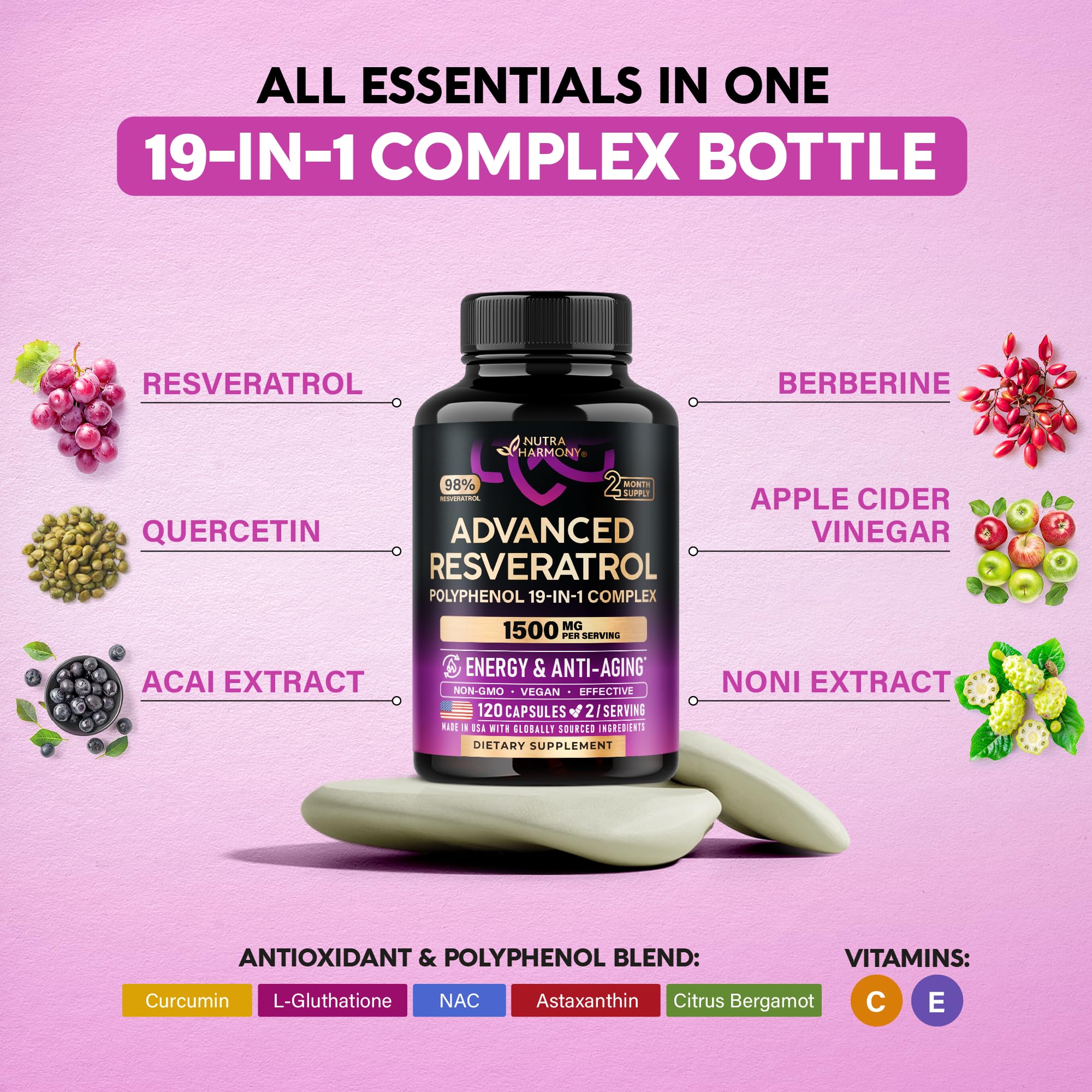 Resveratrol 19-in-1 Polyphenol Complex – Made in USA – 120 Capsules