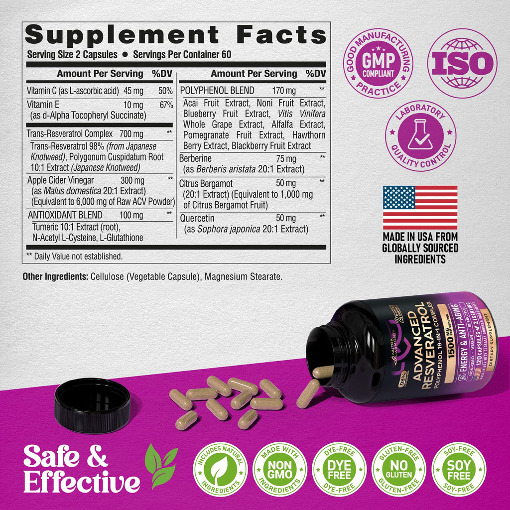 Resveratrol 19-in-1 Polyphenol Complex – Made in USA – 120 Capsules