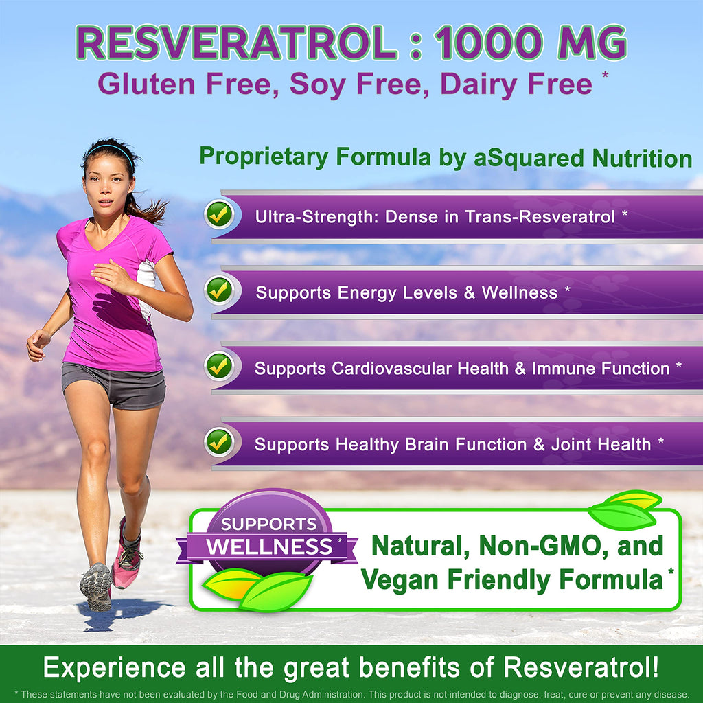 100% Natural Resveratrol 1000mg/Serving | 180 Capsules | Heart Health