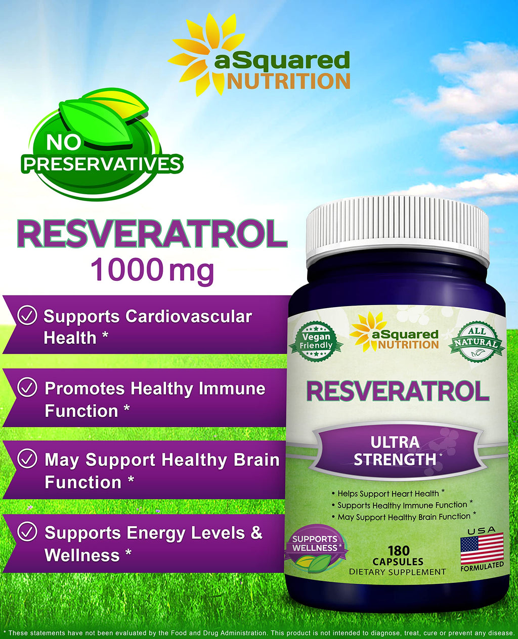100% Natural Resveratrol 1000mg/Serving | 180 Capsules | Heart Health