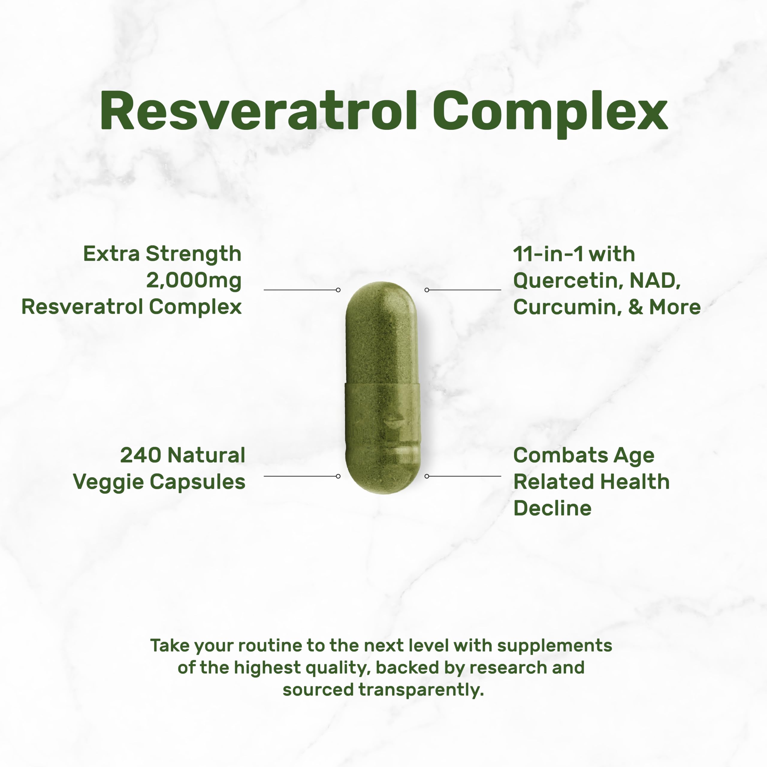 Resveratrol Complex 2000mg – 240 Veggie Capsules | NAD, Quercetin & More