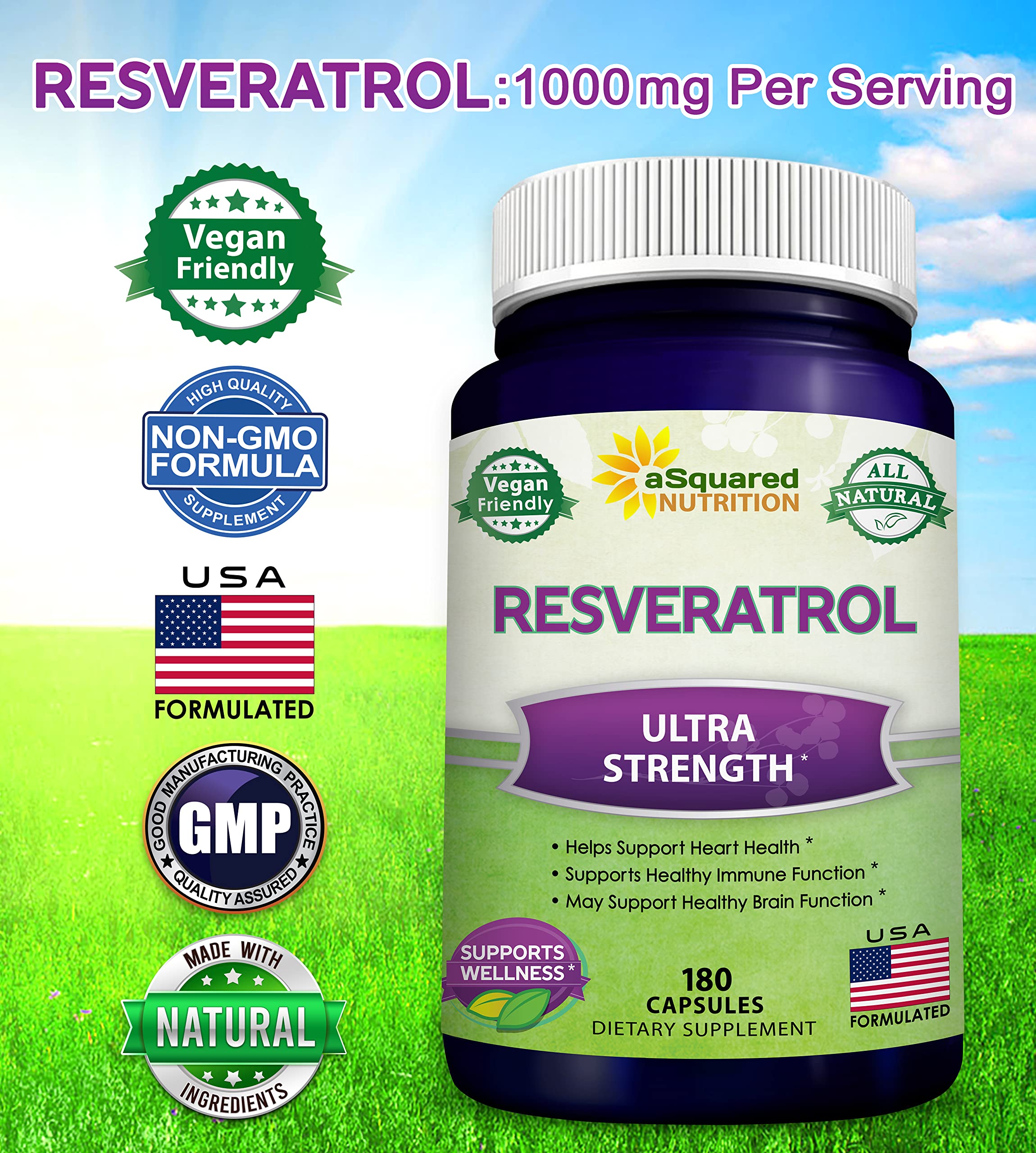 100% Natural Resveratrol 1000mg/Serving | 180 Capsules | Heart Health