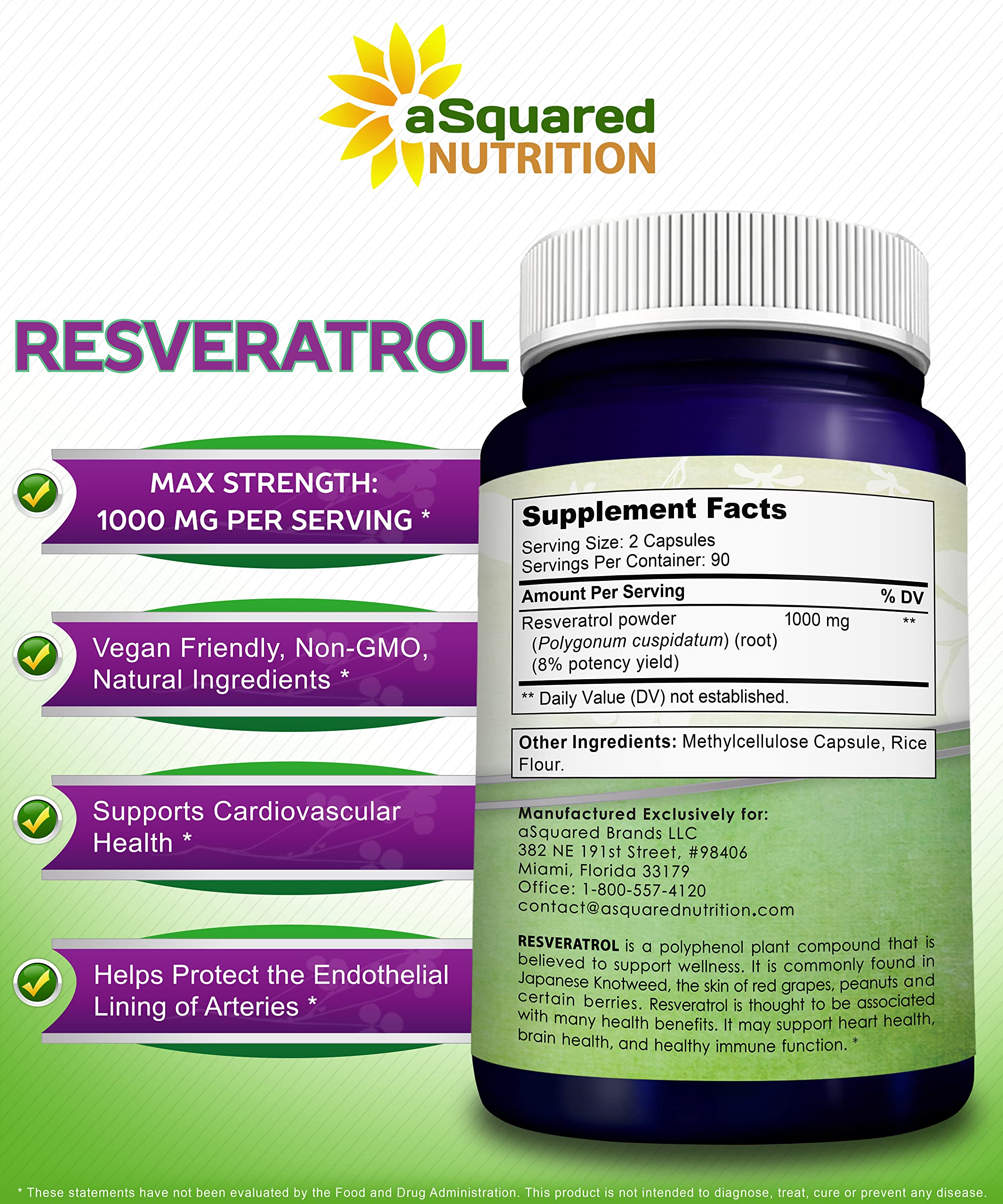 100% Natural Resveratrol 1000mg/Serving | 180 Capsules | Heart Health