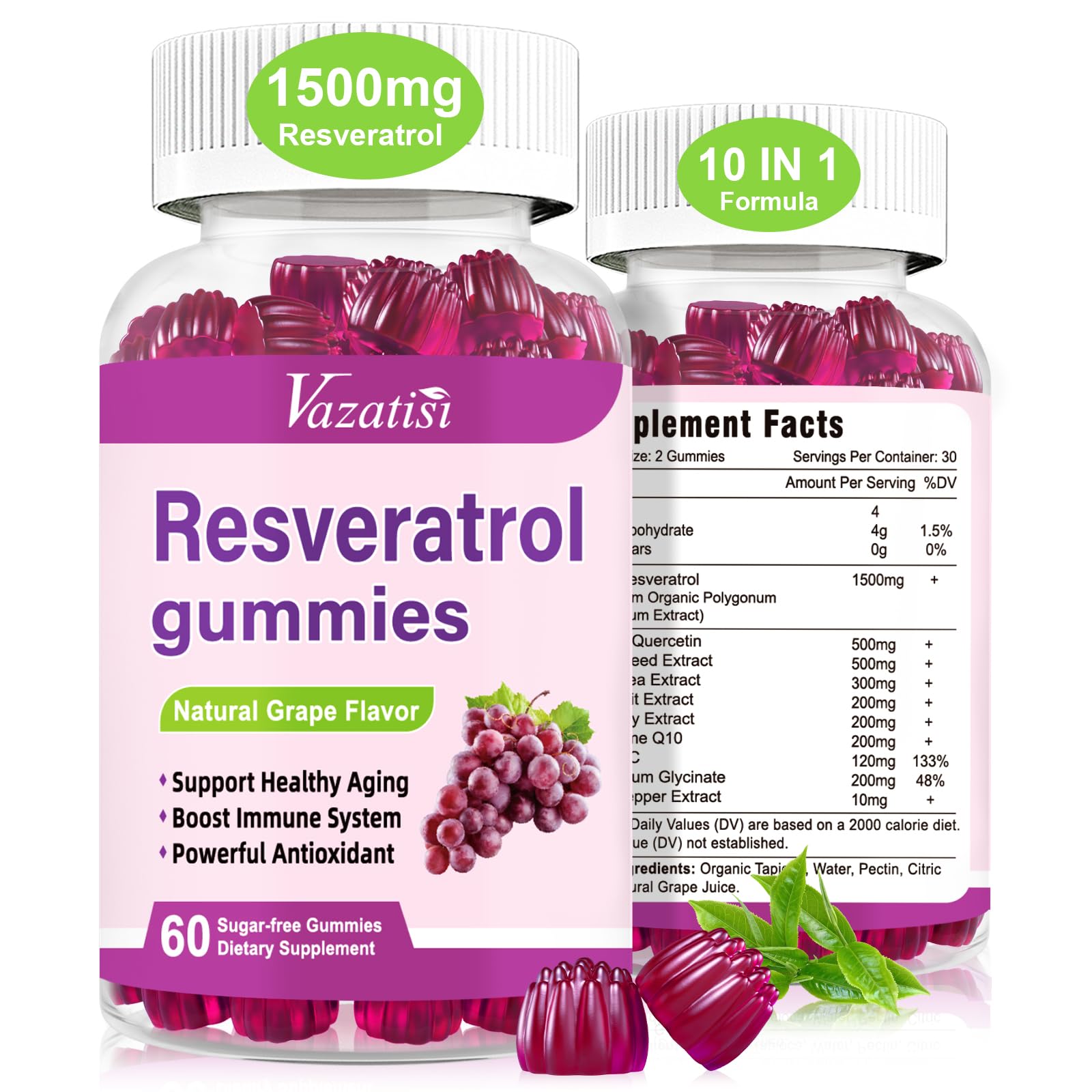 Resveratrol Gummies 98% Trans-Resveratrol + Quercetin, CoQ10, Vitamin C – 120 Gummies