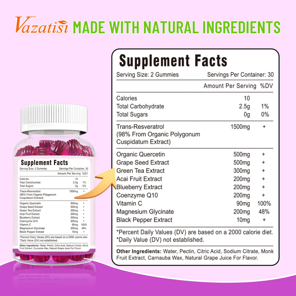 Resveratrol Gummies 98% Trans-Resveratrol + Quercetin, CoQ10, Vitamin C – 120 Gummies