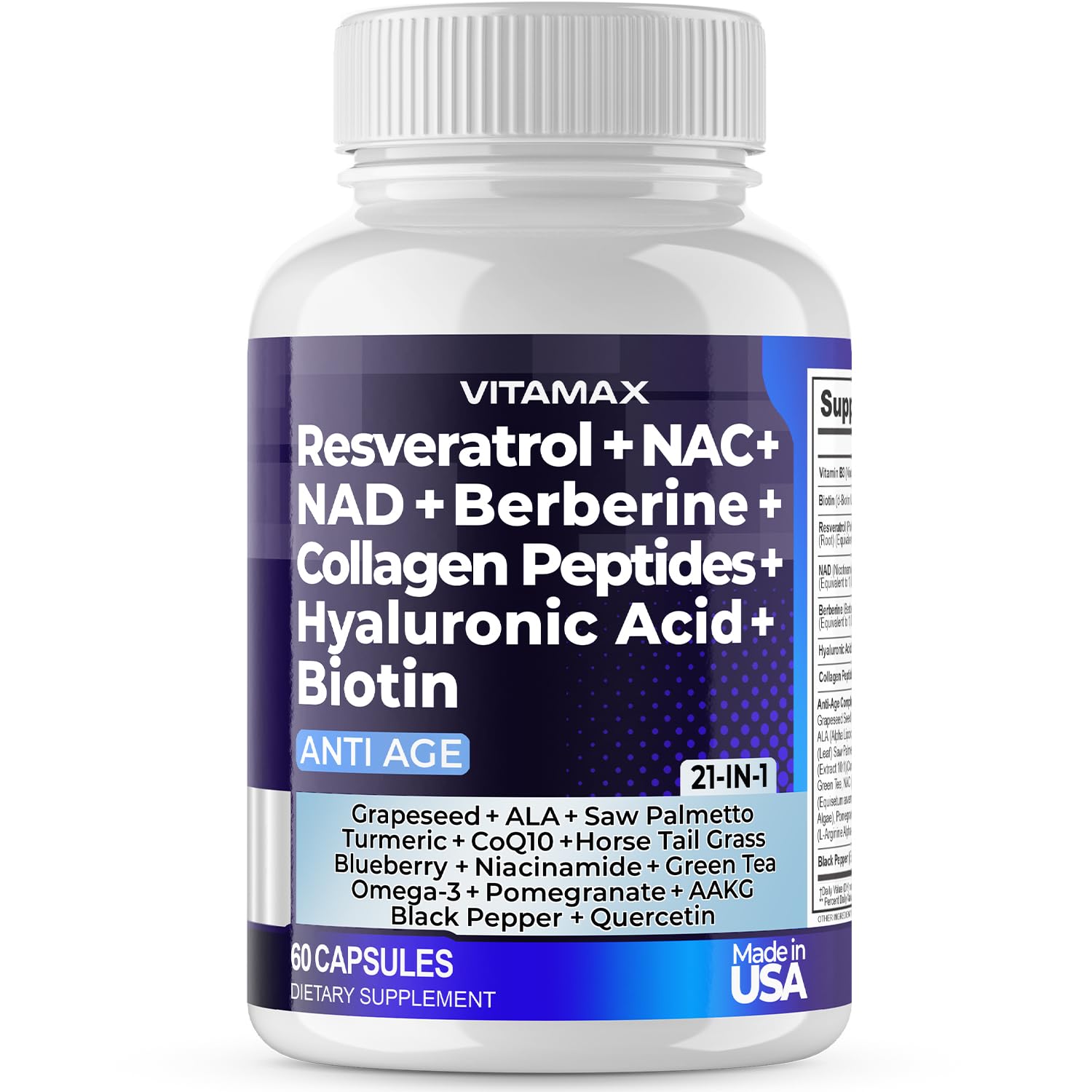 Resveratrol NAD+ Berberine Hyaluronic Acid 21-in-1 Hair, Skin, Nail & Joint Supplement – Made in USA (60 Count)