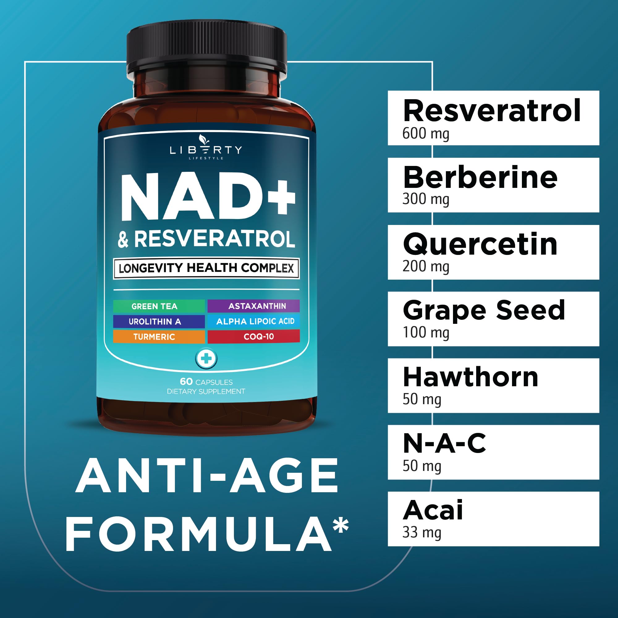 NAD+ 300 mg Supplement with Astaxanthin, Urolithin A, Resveratrol & CoQ10 – 60 Capsules (Vegan, Non-GMO)