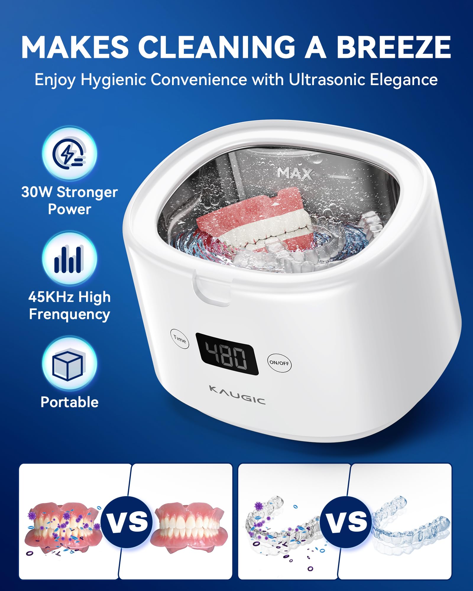 Retainer Cleaner with Upgraded MCU — 30W/45kHz Ultrasonic, 230ml Portable (White)