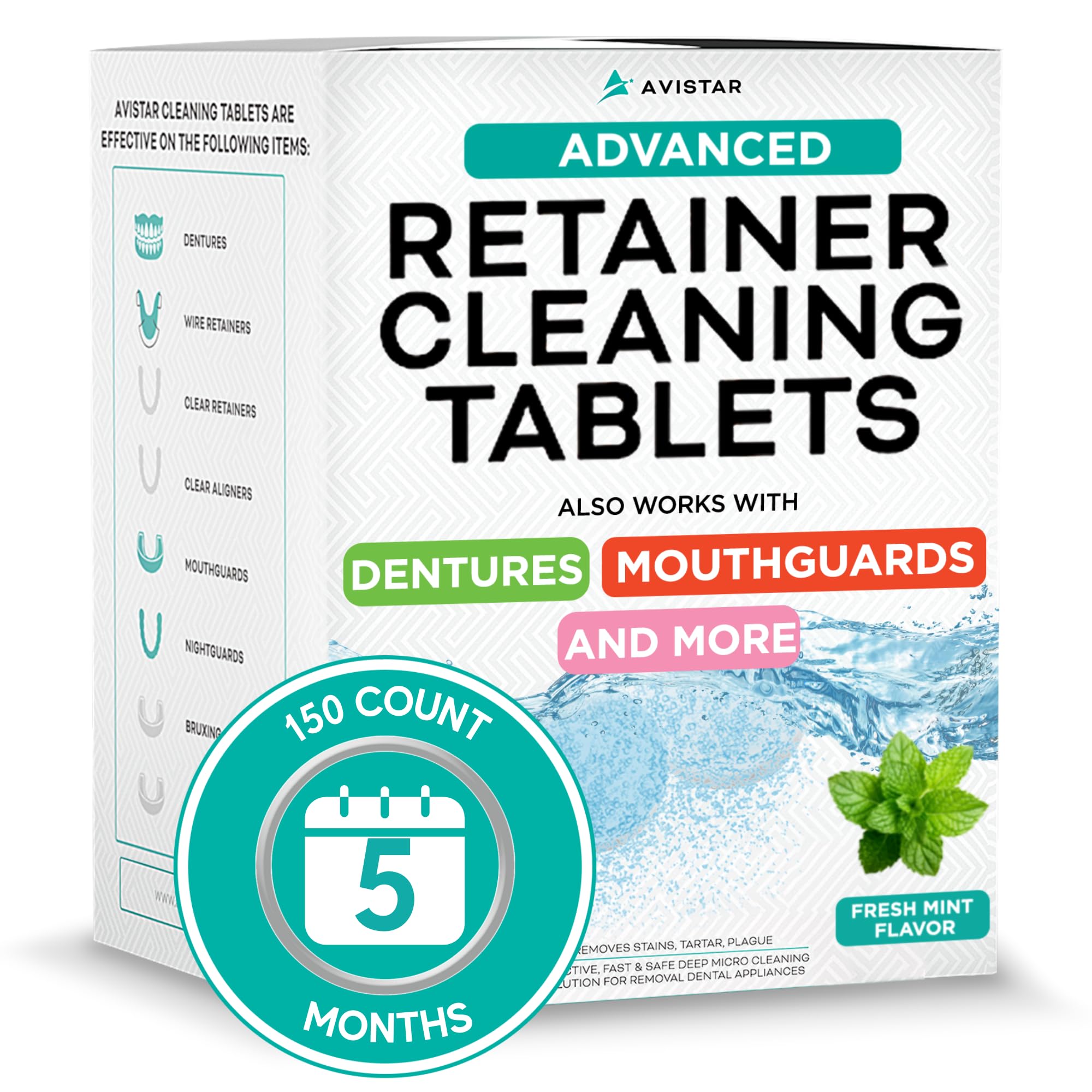 Mint Flavor Retainer & Mouth Guard Cleaner Tablets - Invisalign, Dentures, 150 Count