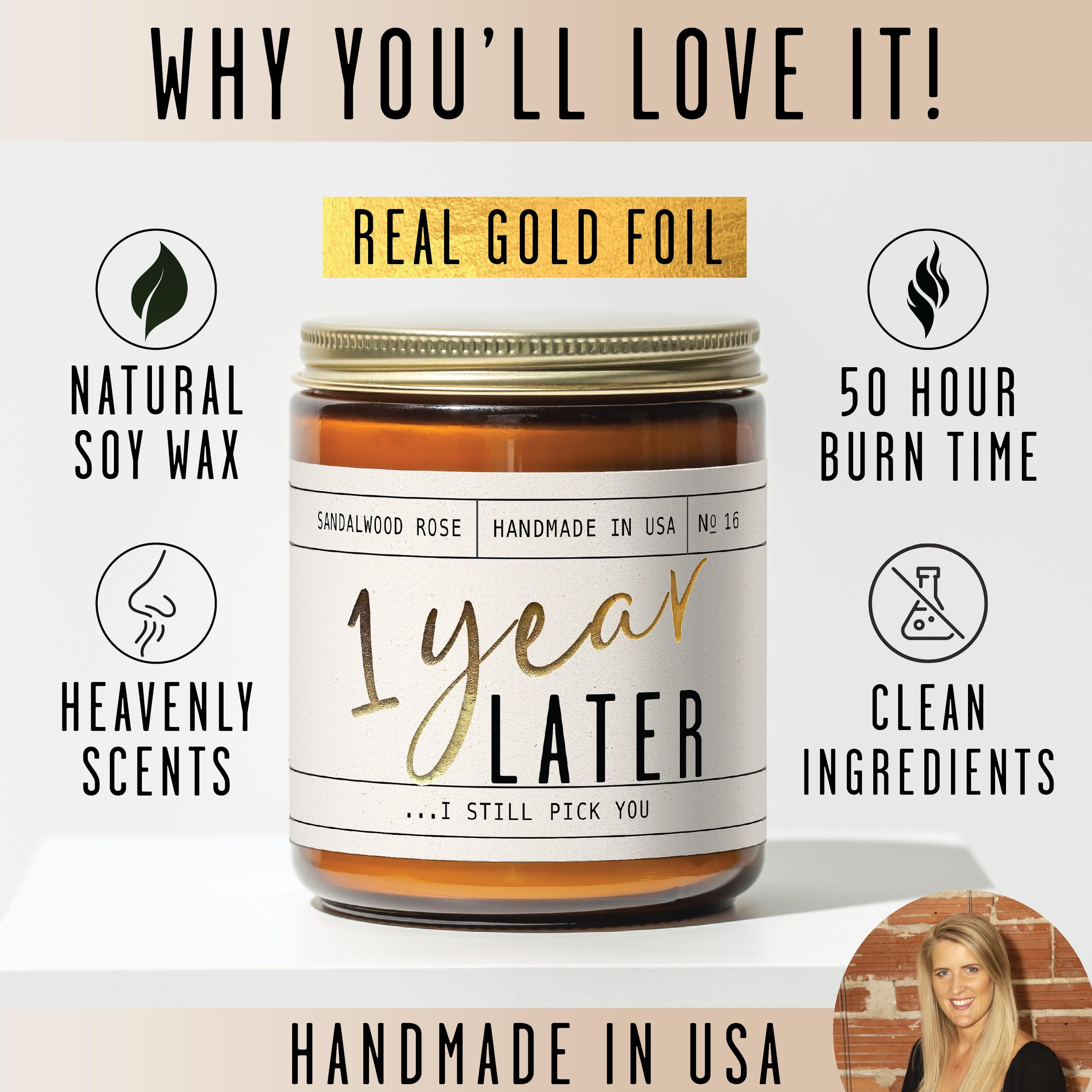 1 Year Anniversary Gift for Her – 1 Year Later Candle, Sandalwood Rose, USA Made