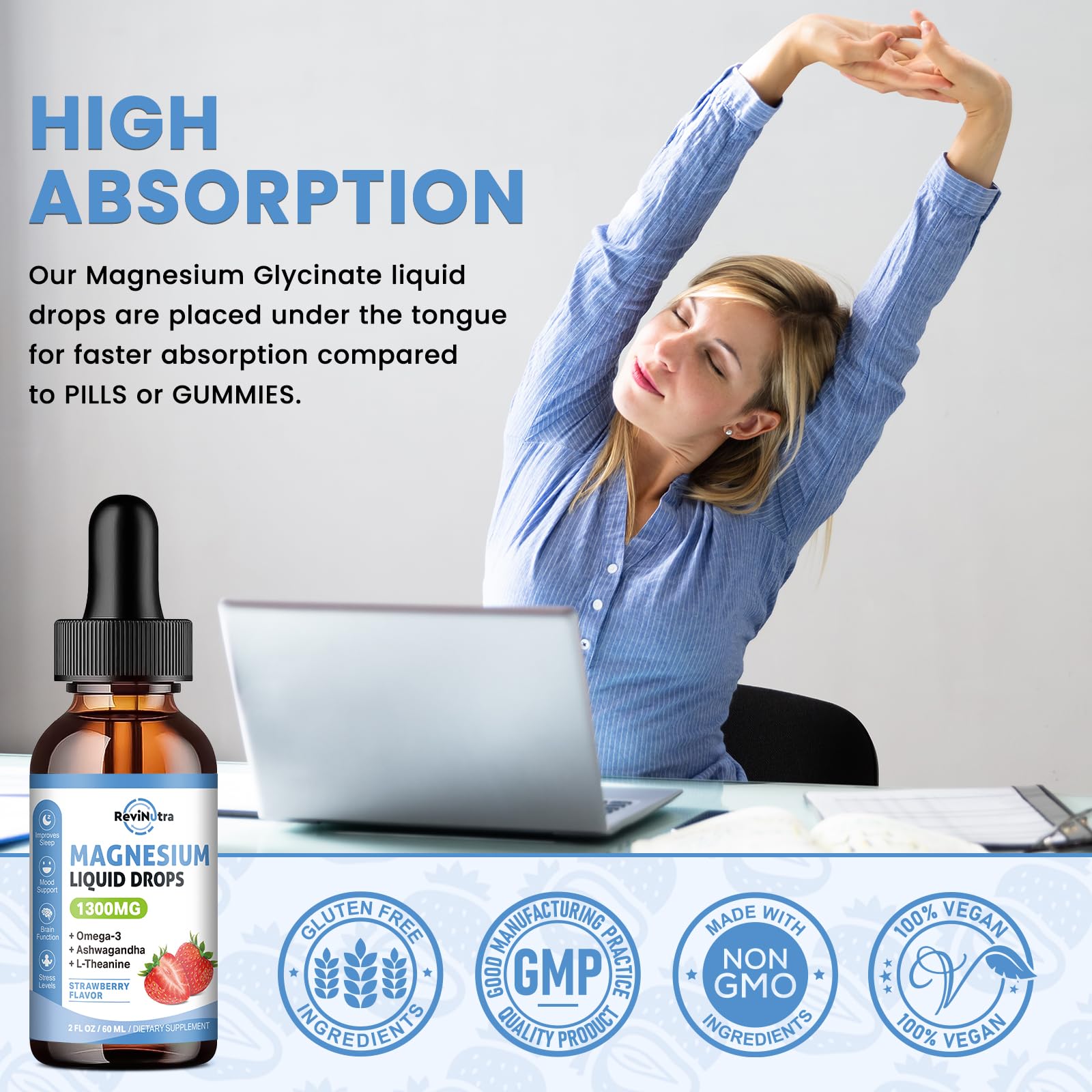 ReviNutra 2 Pack Liquid Magnesium Drops – Glycinate, Taurate & Citrate (Sugar-Free Strawberry)