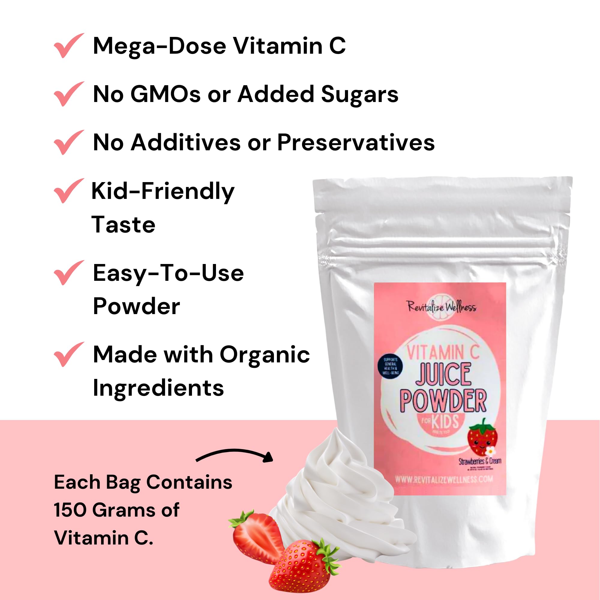 Revitalize Wellness Vitamin C Juice Powder – 1000 mg Vitamin C (Ascorbic Acid) per Serving | No Sugar Added | Strawberries & Cream | 120 Servings