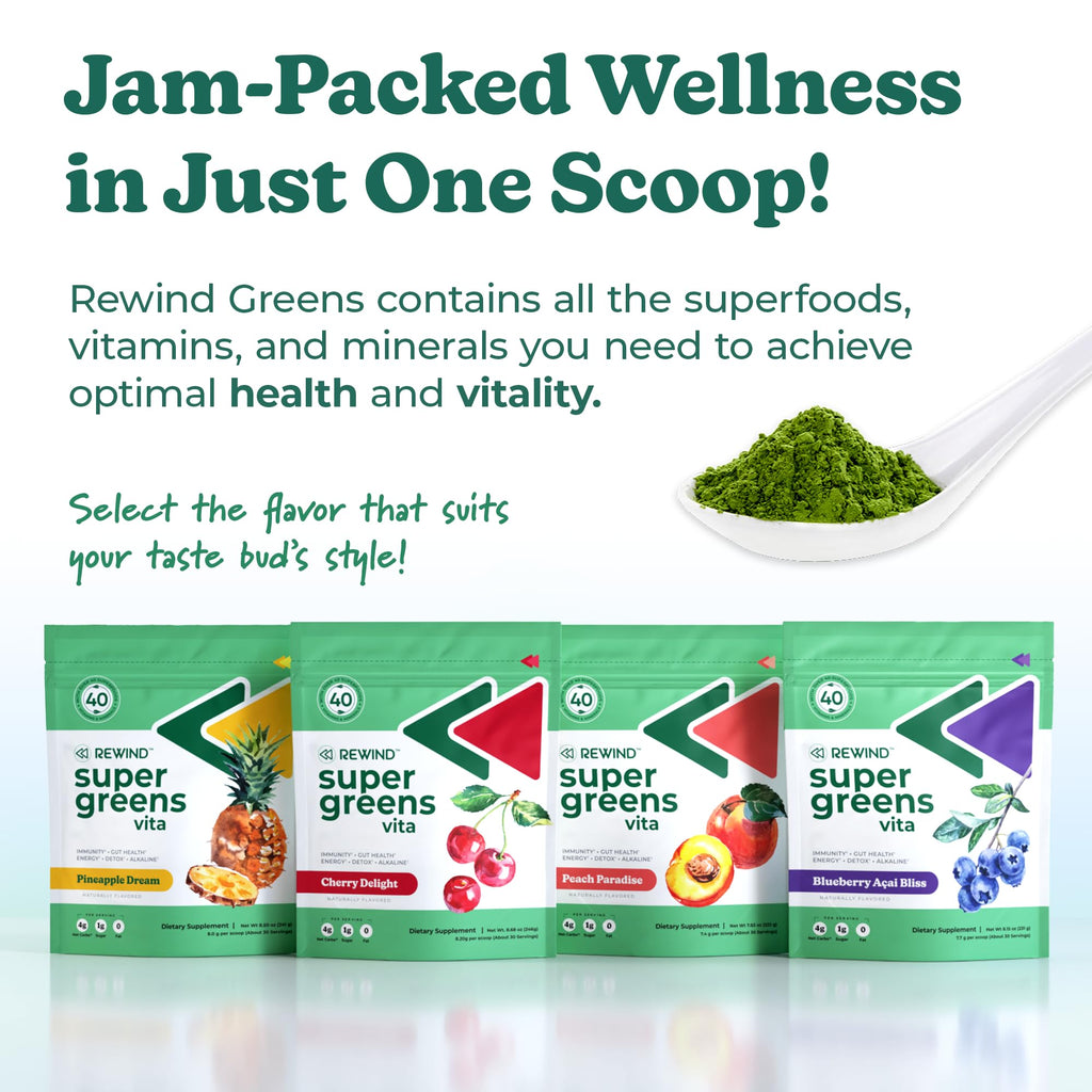 Rewind Best Tasting Super Greens Powder – Pineapple Flavor, 40+ Superfoods, Vitamin B12 & Zinc