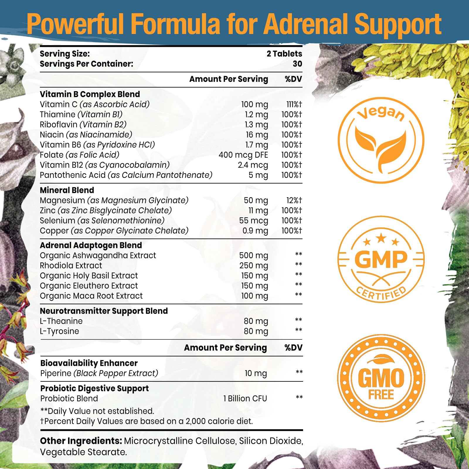 Adrenal Support Adaptogens – Cortisol Support with Rhodiola, Ashwagandha & Eleuthero | 60 Vegan Tablets