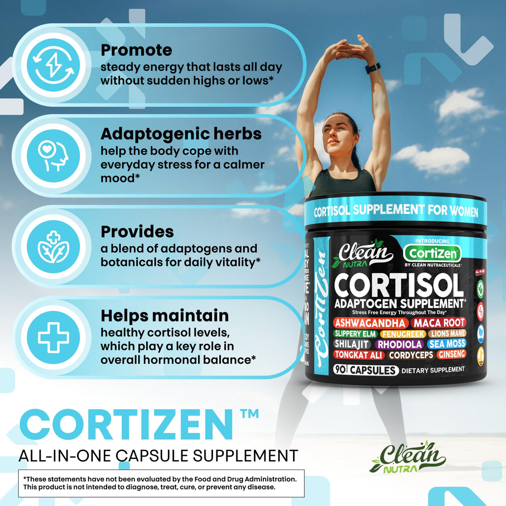 Clean Nutra Cortisol Supplements For Women | Maca Root Ashwagandha Cortisol Detox Manager Reducer + Slippery Elm Fenugreek Lions Mane Shilajit Rhodiola Sea Moss Tongkat Ali Cordyceps Ginseng Beet Root