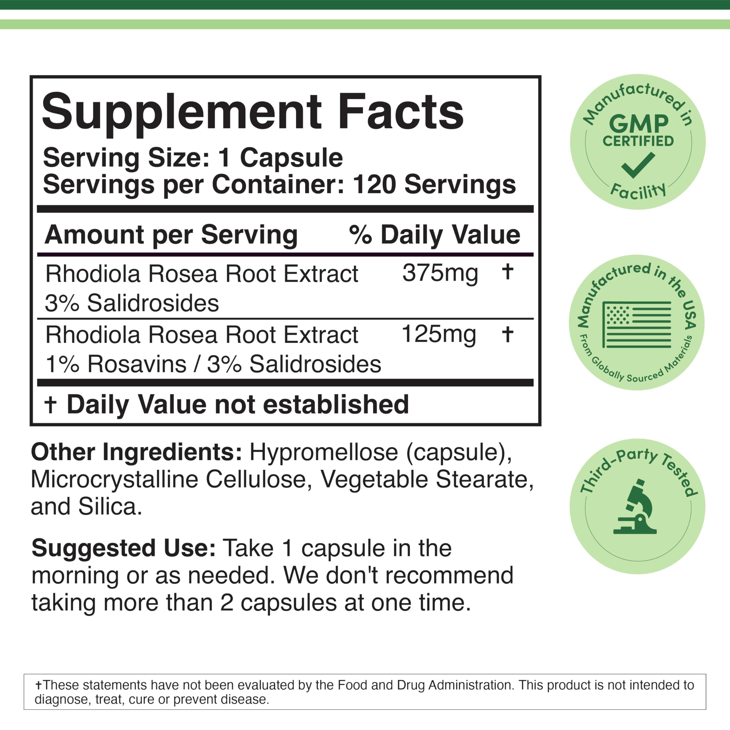 Rhodiola Rosea 500mg – 120 Vegan Capsules | 3% Salidrosides | Gluten Free