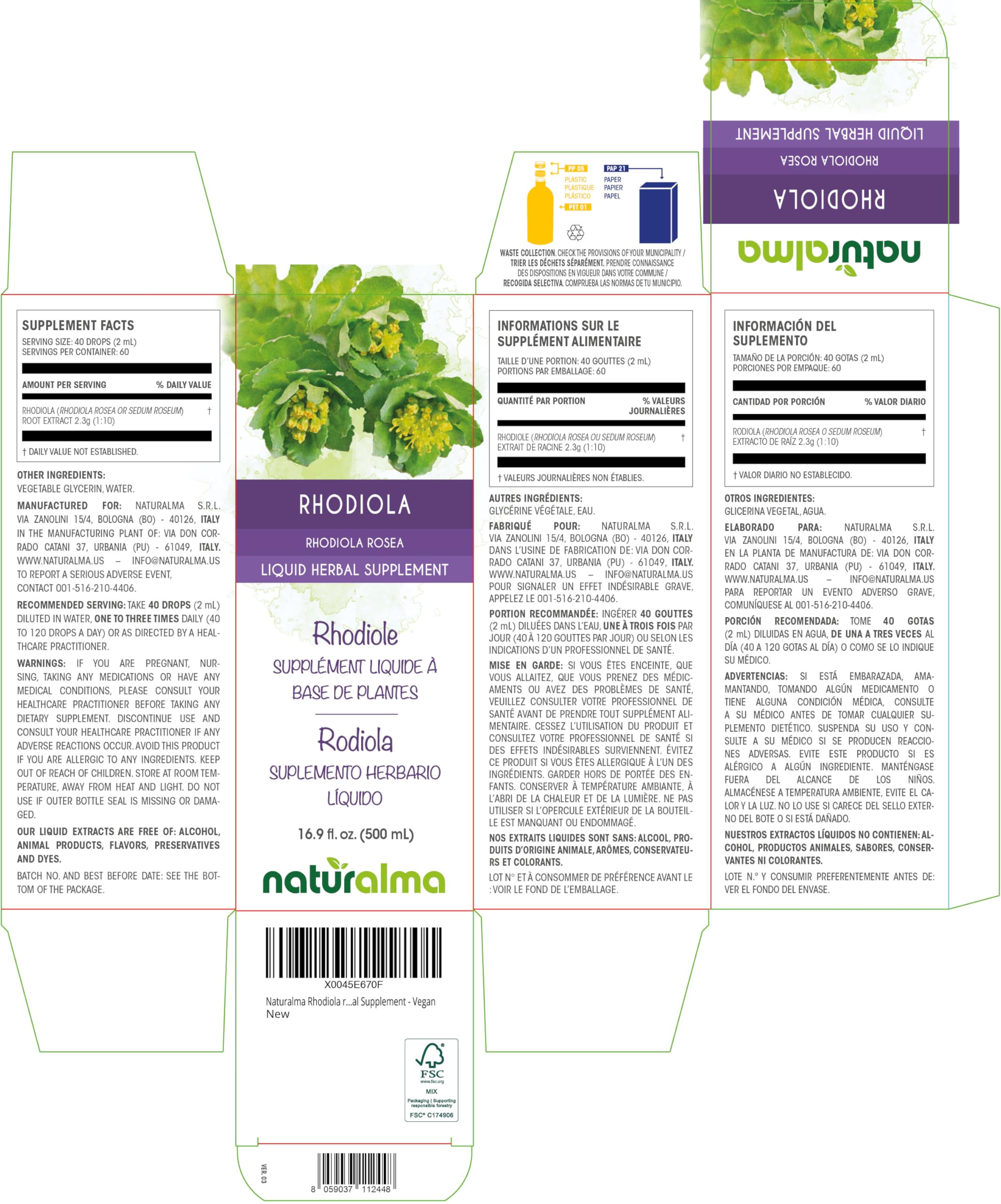 Naturalma Rhodiola Rosea (Sedum roseum) Root Tincture 16.9 oz (500 ml) - Alcohol-Free & Vegan