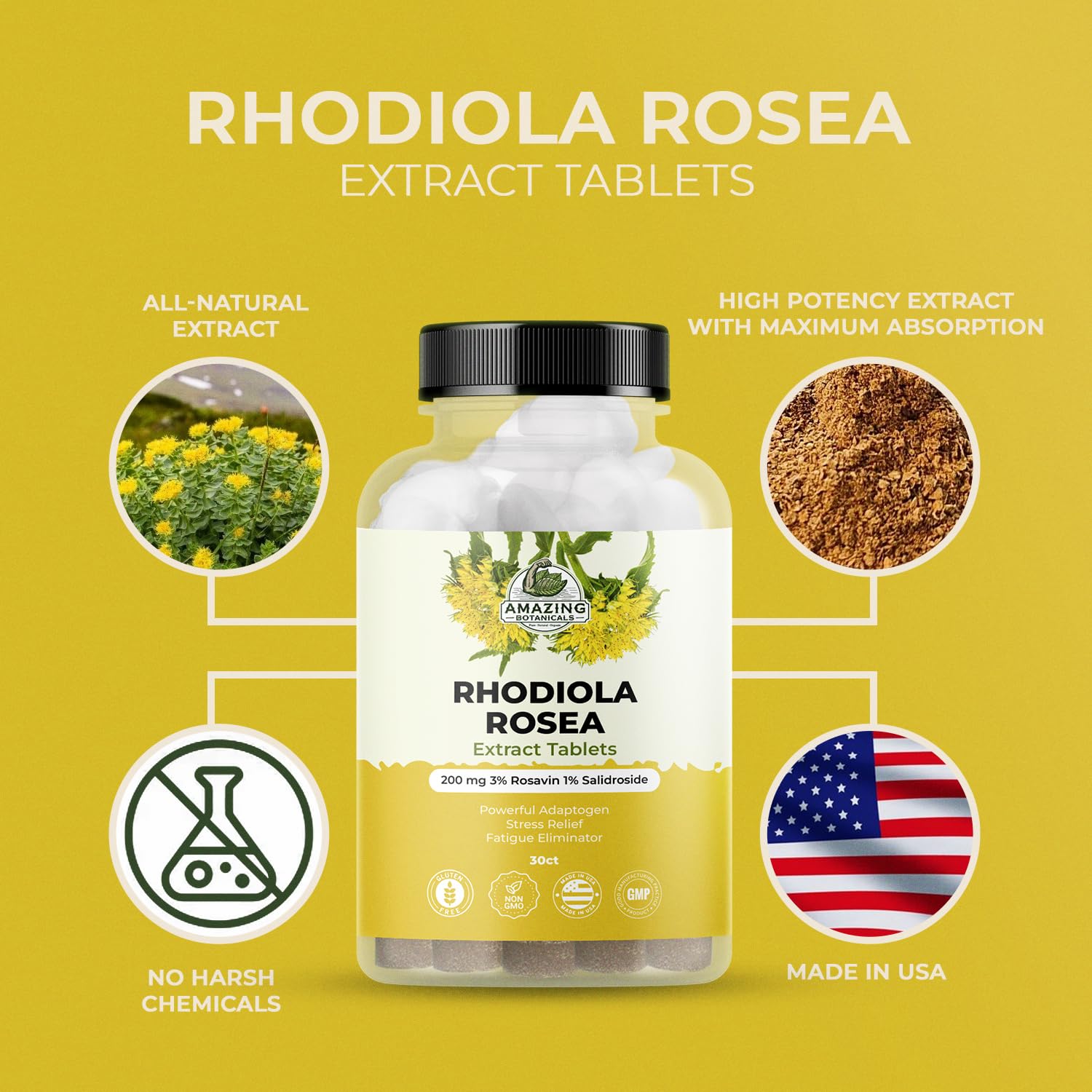 Rhodiola Rosea Extract Tablets 200mg | 30 Count | Adaptogen for Stress & Fatigue
