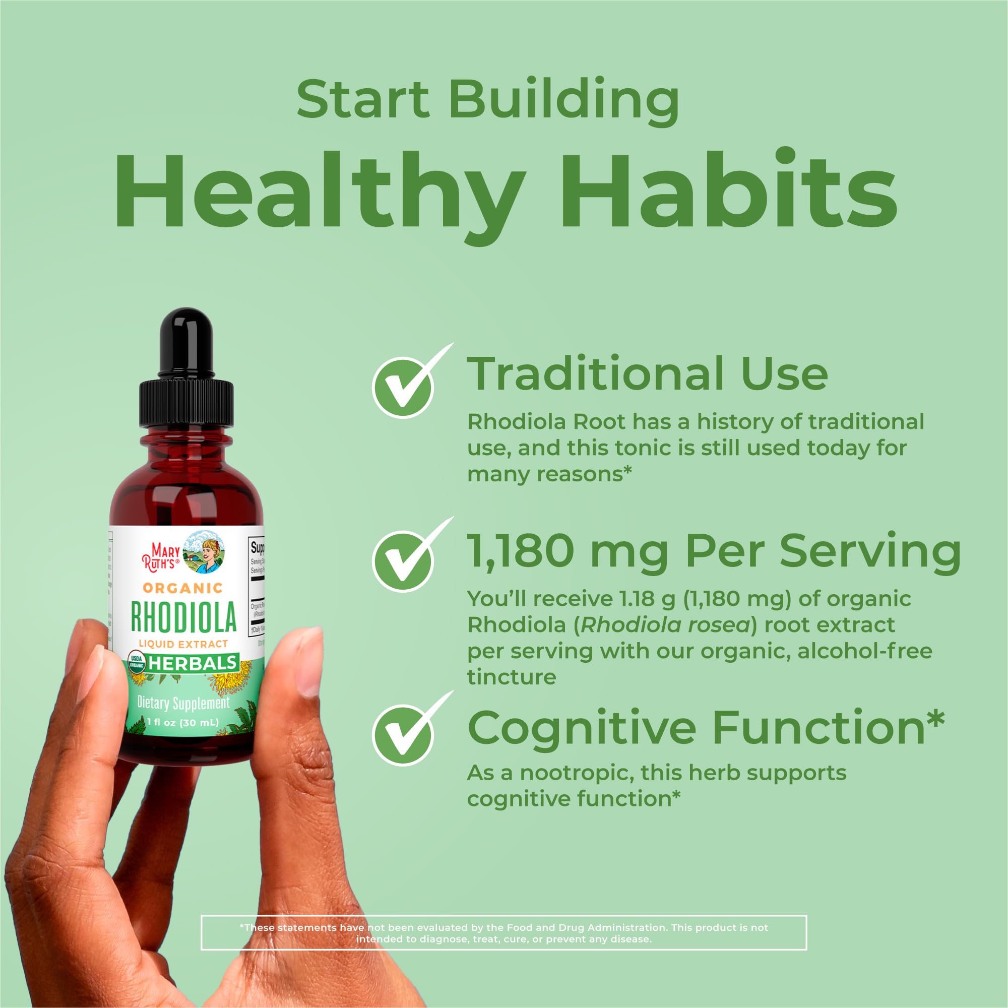 Rhodiola Rosea Supplement by MaryRuth's | USDA Organic Herbal Extract | Nootropic | Focus Supplement | Non-GMO | 30 Servings