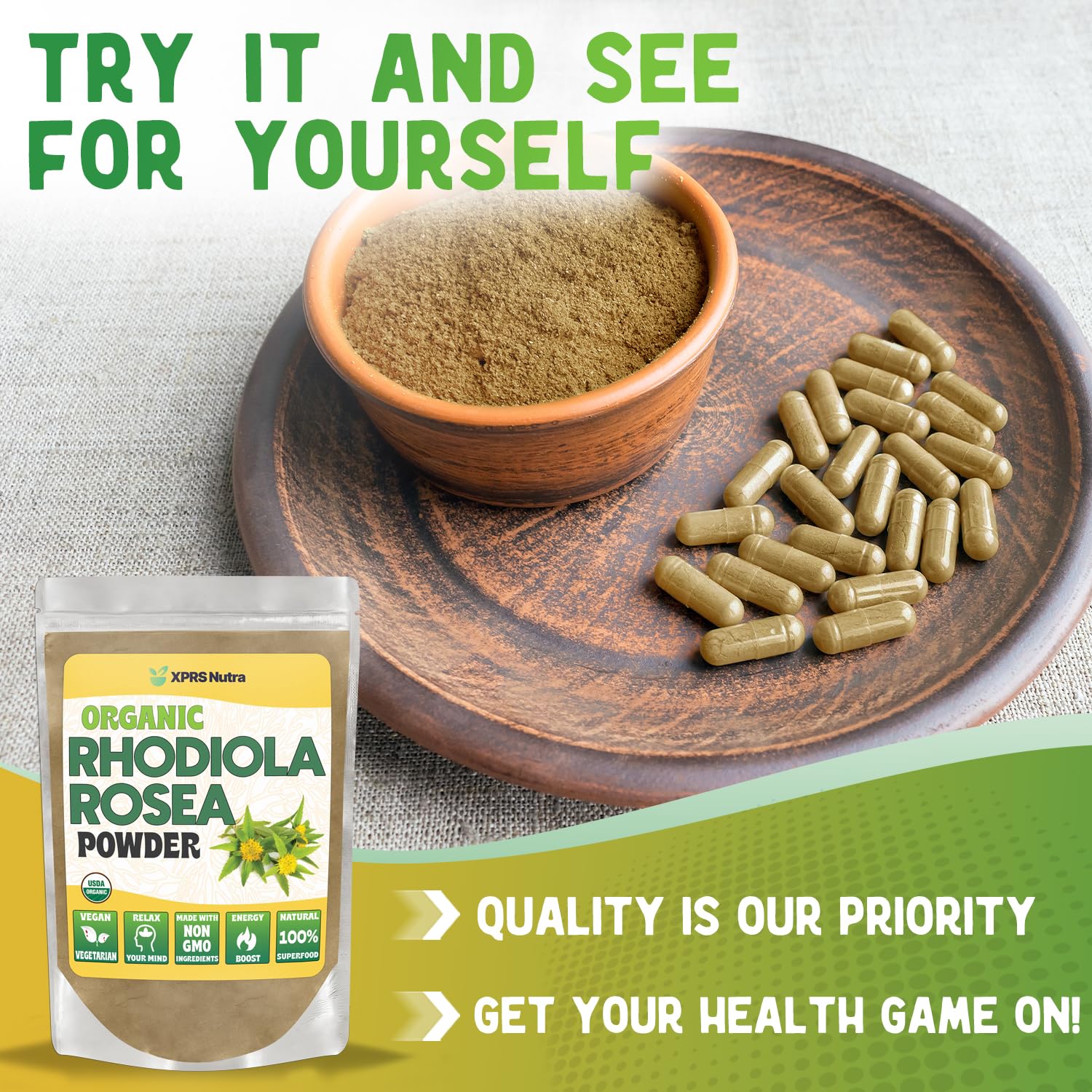 XPRS Nutra Organic Rhodiola Rosea Powder – USDA Organic, Vegan, Cognition & Energy (1 oz)