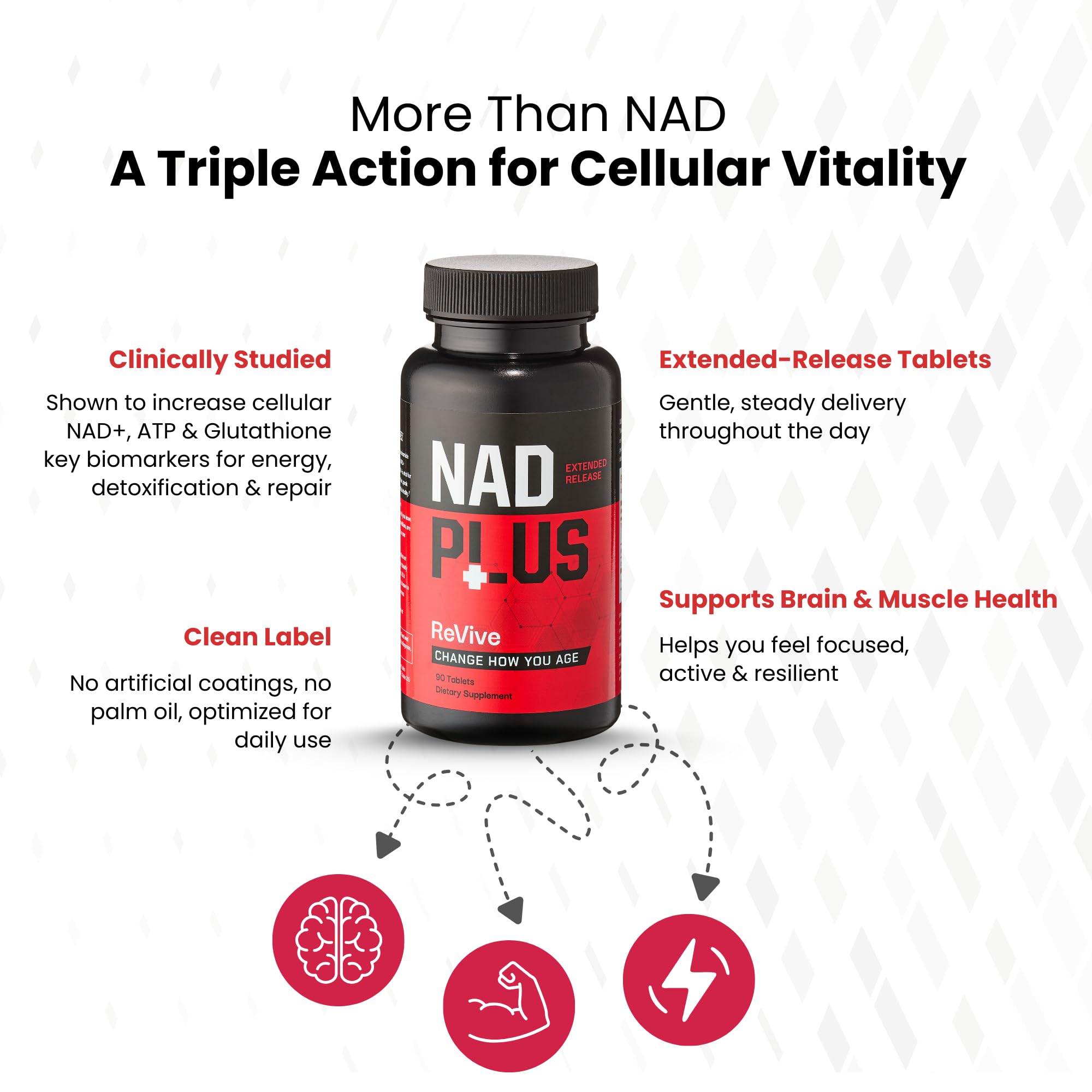 NAD PLUS Revive | Daily NAD+ Replenishment Tablet – 90 Tablets | Vegan, Non-GMO, Gluten-Free | Powered by RiaGev-SR