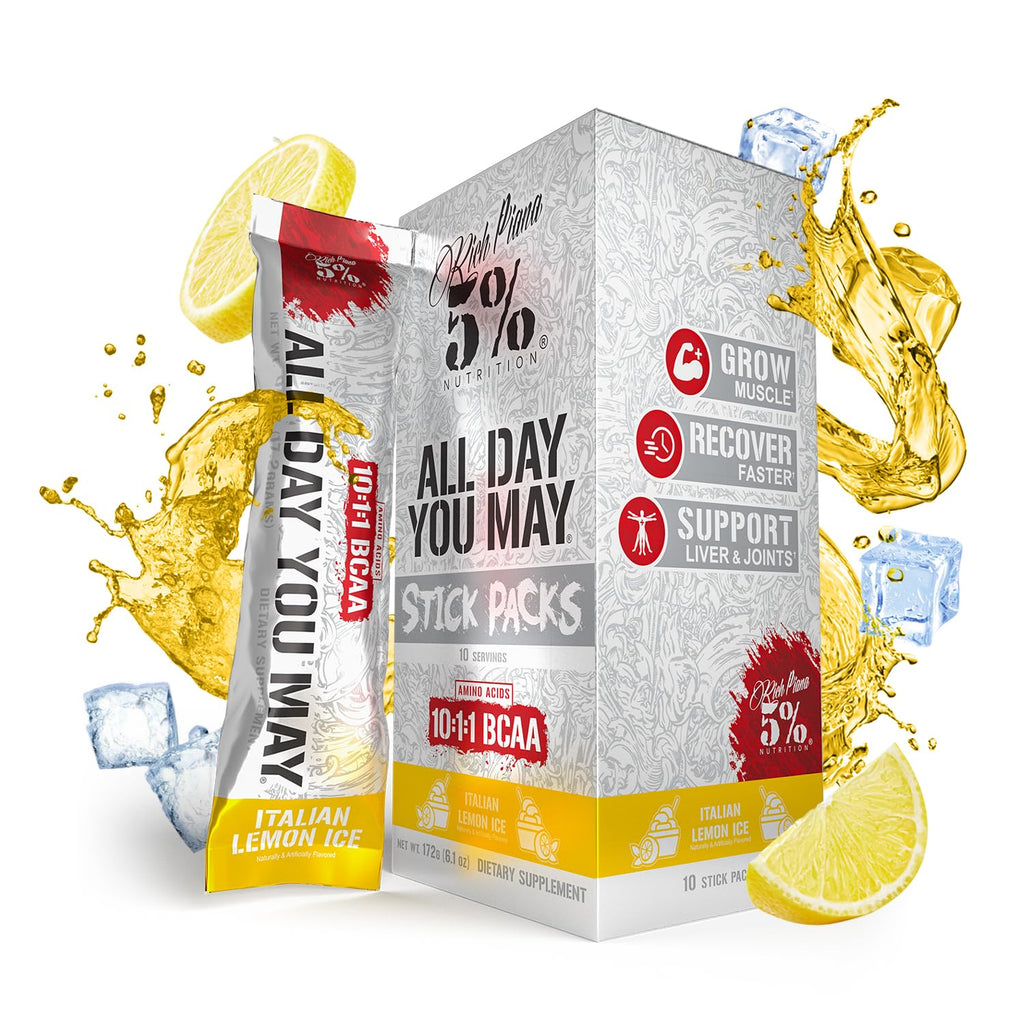 5% Nutrition Rich Piana AllDayYouMay BCAA Powder | 9g of Premium Intra & Post Workout Amino Acids for Hydration, Endurance, Muscle Recovery, Joint & Liver Support (Italian Lemon Ice)