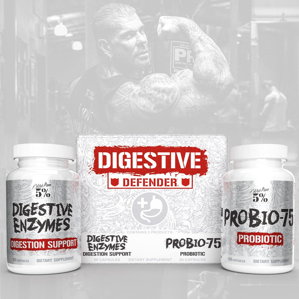 5% Nutrition Rich Piana Digestive Defender | Probio-75 & Digestive Enzymes | 120 Gelatin Capsules