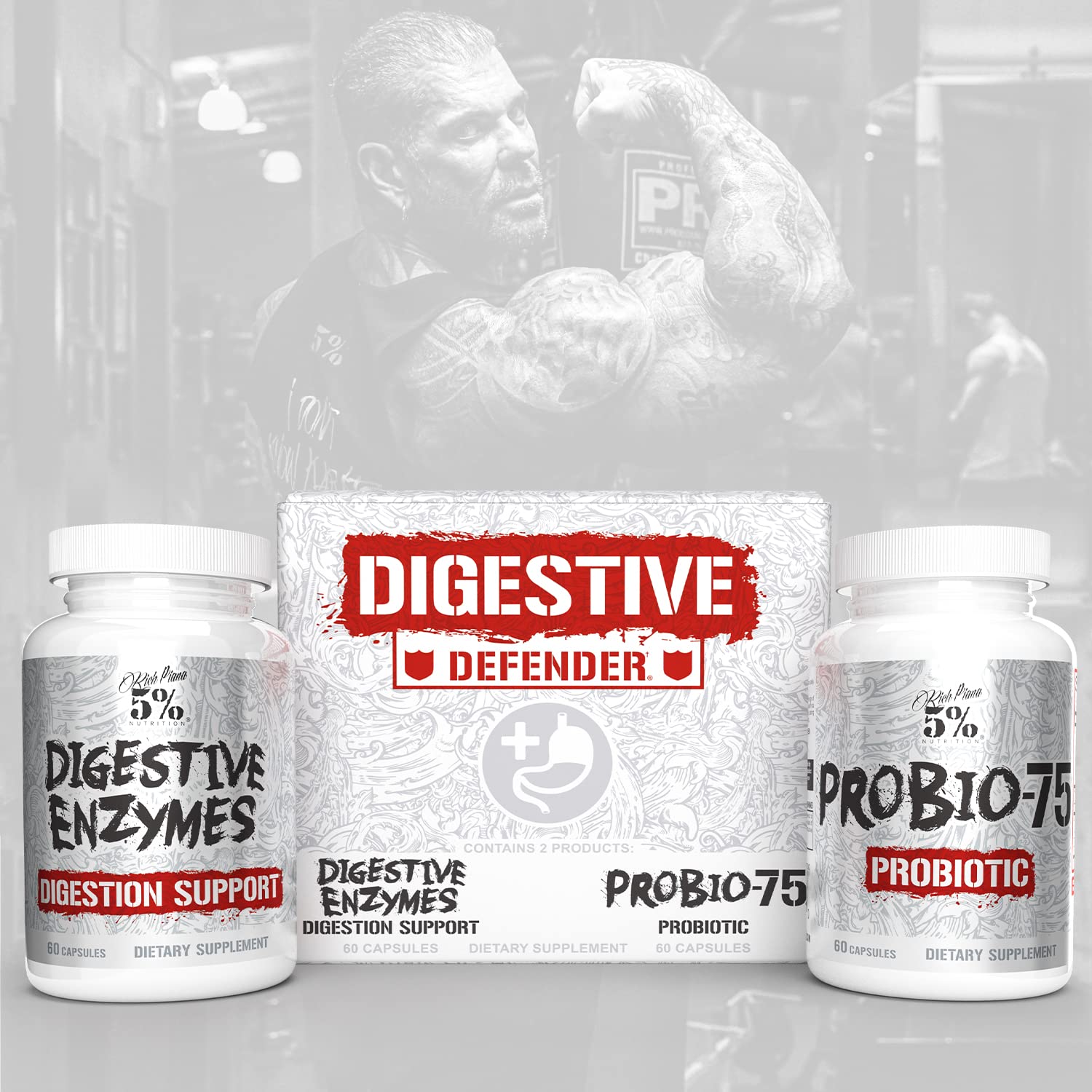 5% Nutrition Rich Piana Digestive Defender | Probio-75 & Digestive Enzymes | 120 Gelatin Capsules
