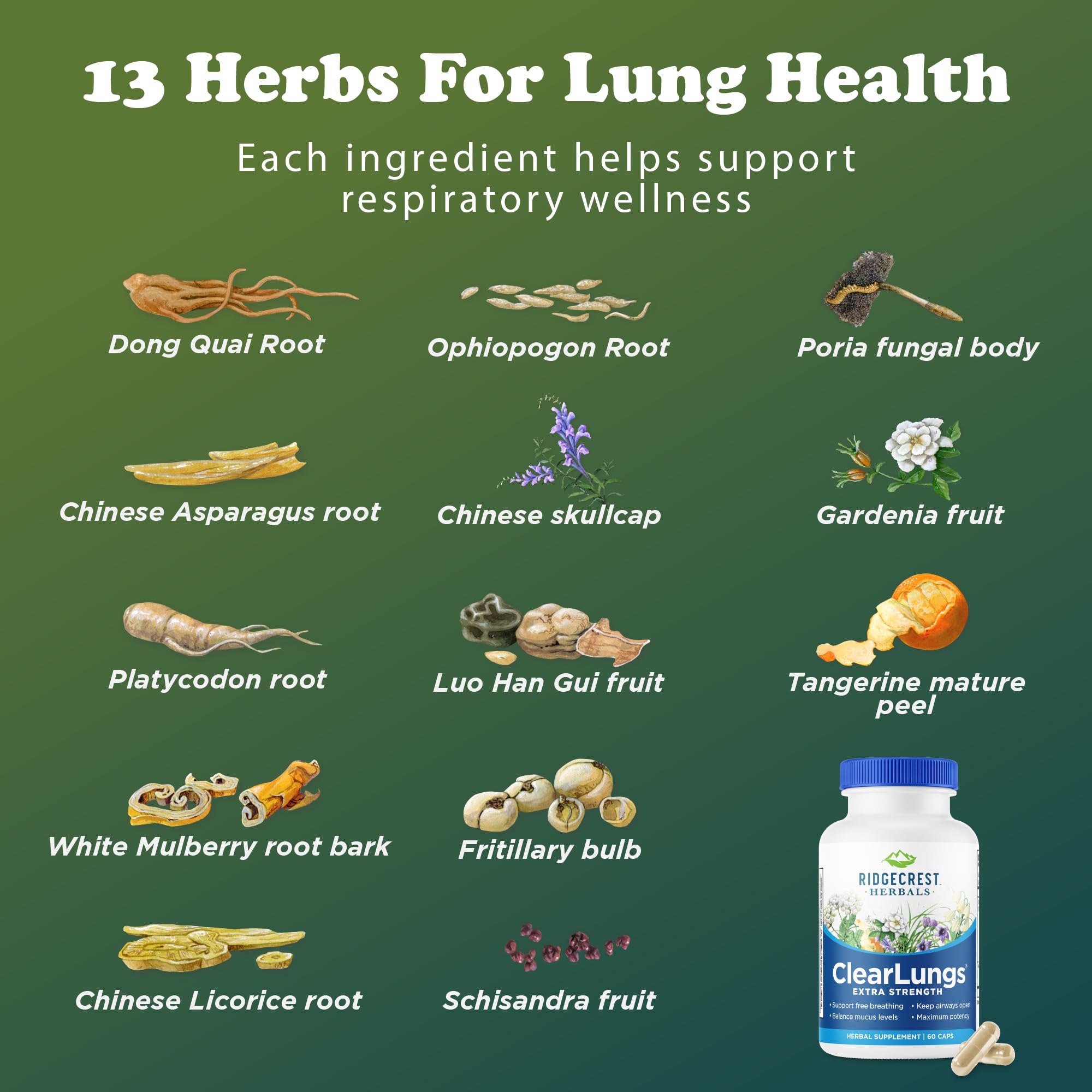 RidgeCrest ClearLungs Extra Strength – Natural Lung & Respiratory Support (60 Caps, 30 Serv)