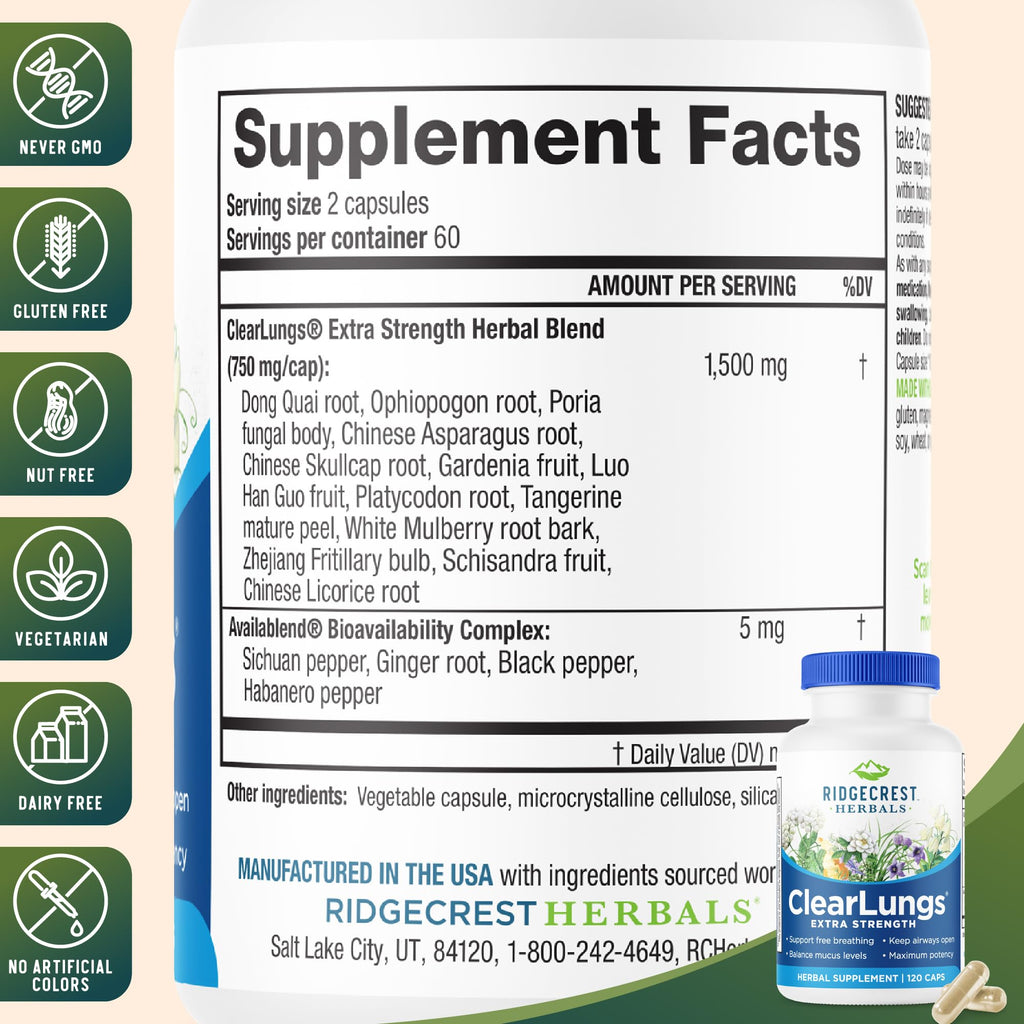 RidgeCrest Herbals ClearLungs Extra Strength - Daily Respiratory Support (120 Vegan Caps)