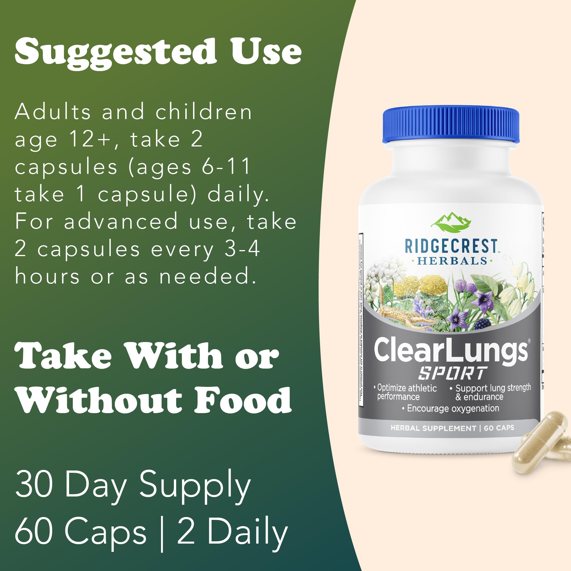 Ridgecrest ClearLungs Sport – Oxygen & Lung Support Formula (Cordyceps, Rhodiola, Eleuthero, 60 Veg Caps)