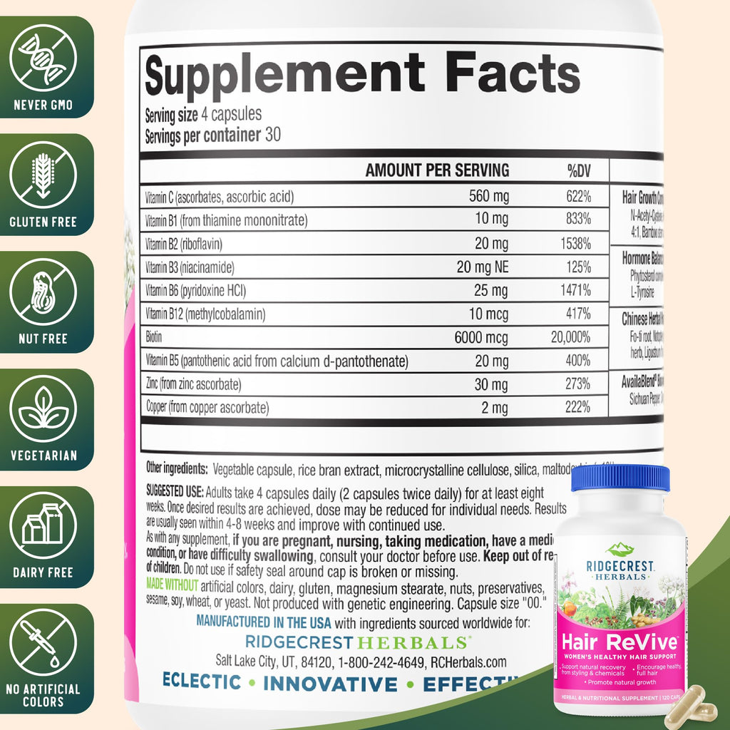 RidgeCrest Hair ReVive: Nutritional Hair Vitamins with Biotin 6000mcg