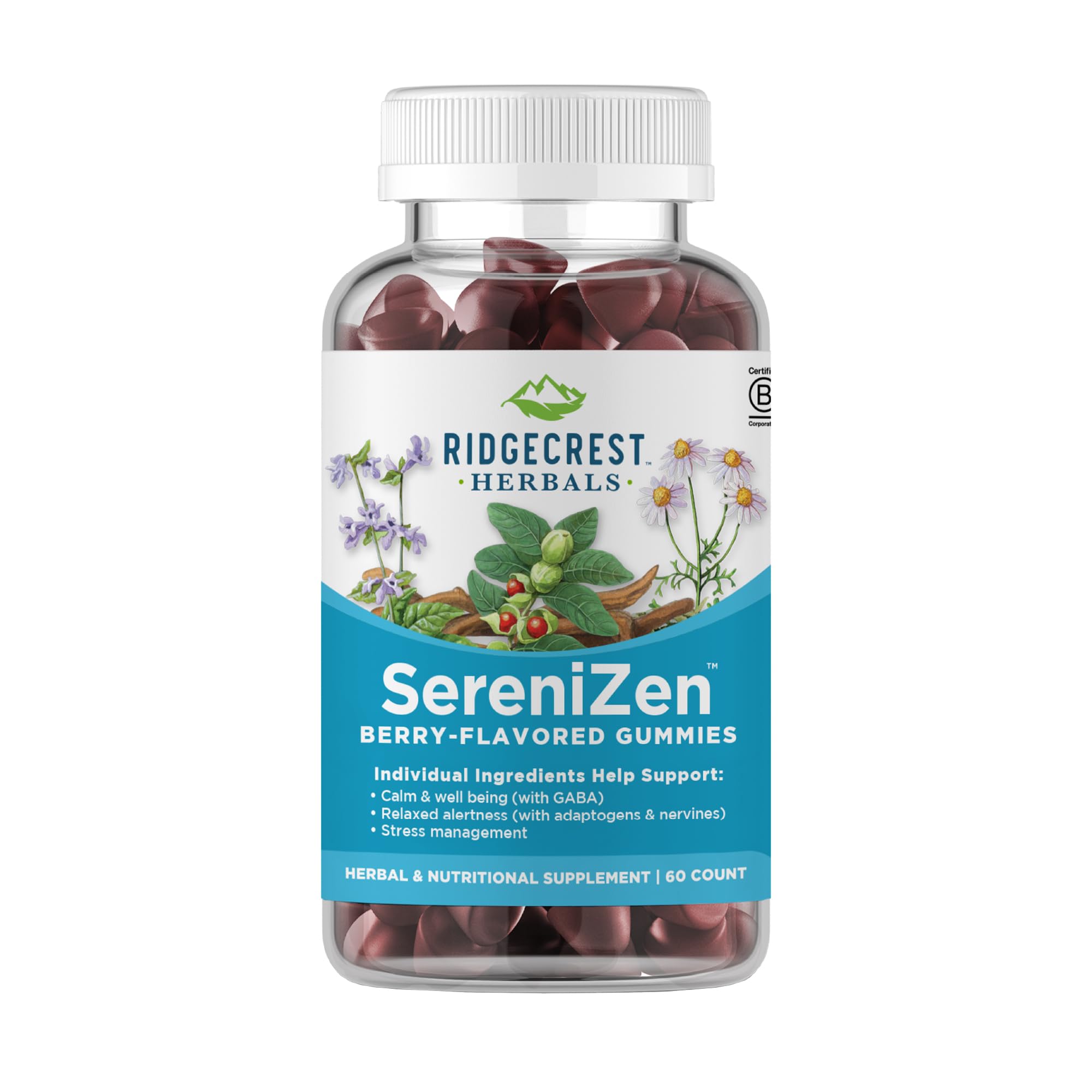 RidgeCrest Herbals SereniZen Gummies – Ashwagandha, GABA & L-Theanine for Relaxation & Sleep (60 Ct)