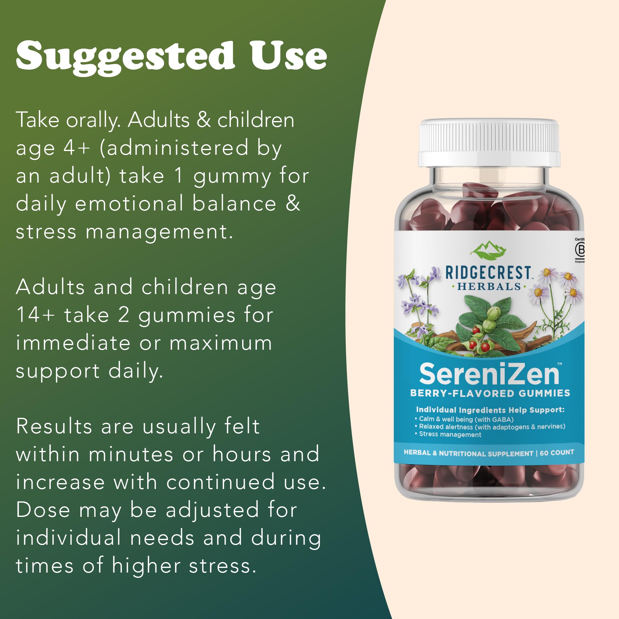 RidgeCrest Herbals SereniZen Gummies – Ashwagandha, GABA & L-Theanine for Relaxation & Sleep (60 Ct)