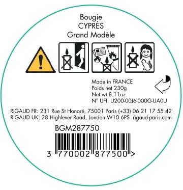 Rigaud Cypres Large Scented Candle – 230g, Made in France