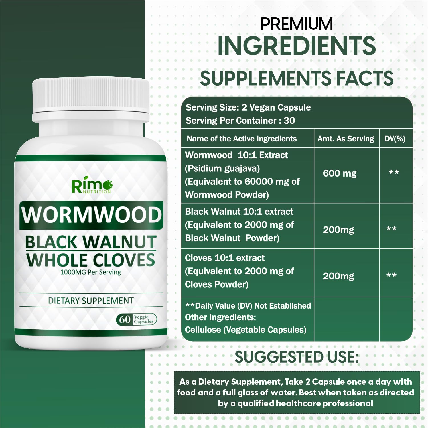 Rimo Nutrition Wormwood, Black Walnut & Clove Capsules - 60 Capsules Non-GMO