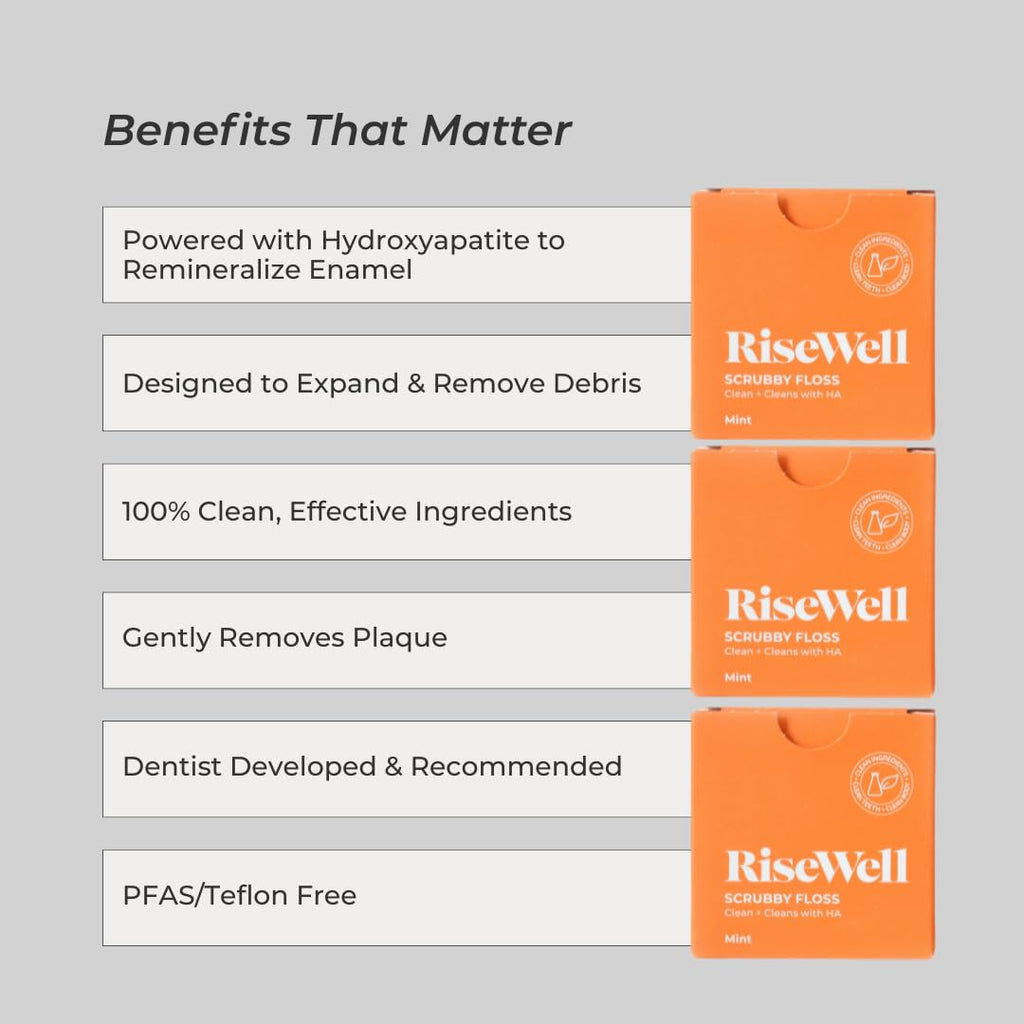 RiseWell Scrubby Floss – PFAS Free with Hydroxyapatite & Xylitol (30 Yards) | Dentist-Formulated, Vegan