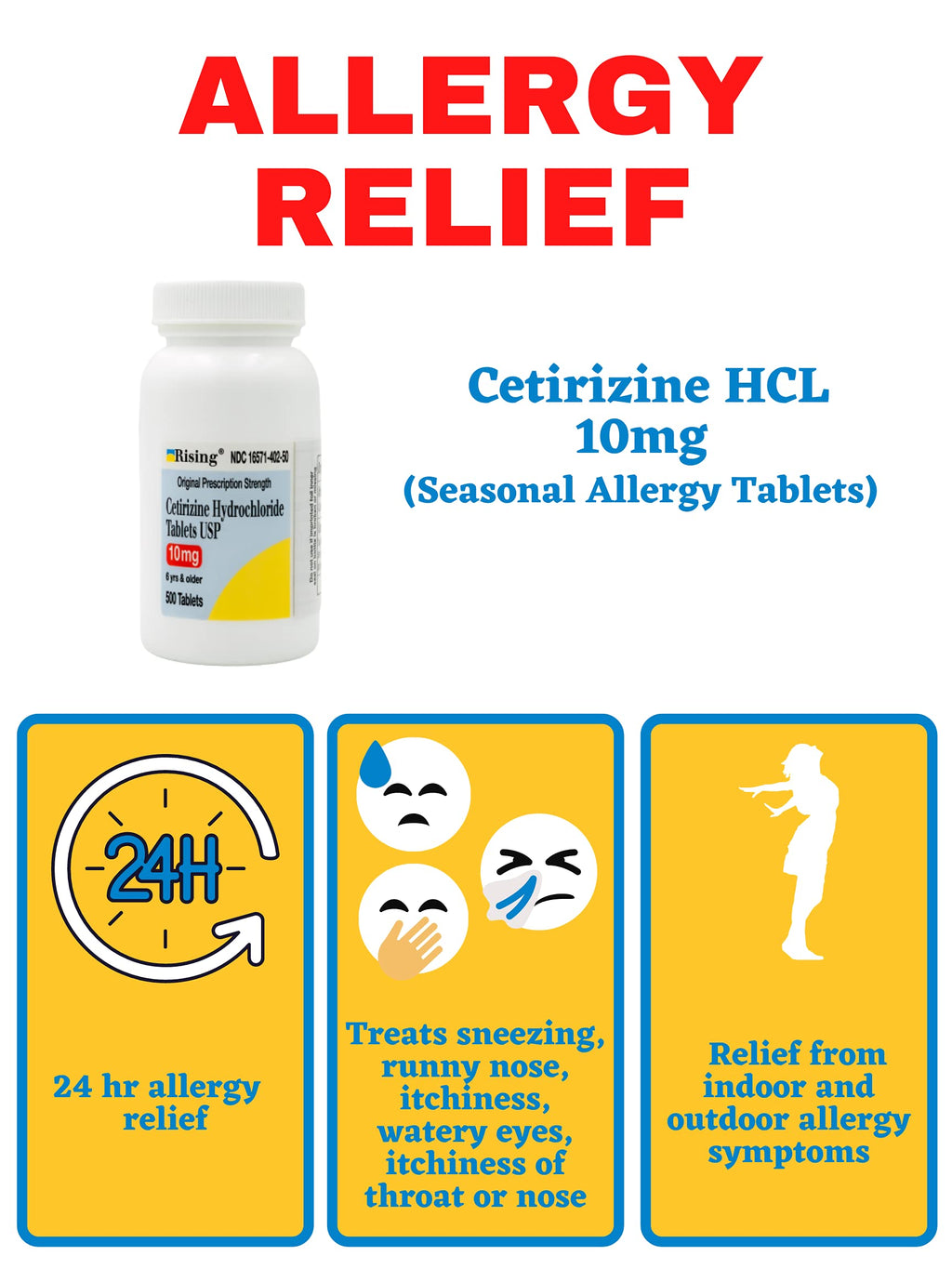 Rising Pharma Cetirizine HCL 10 mg – Antihistamine for Seasonal Allergies | 500 Tablets