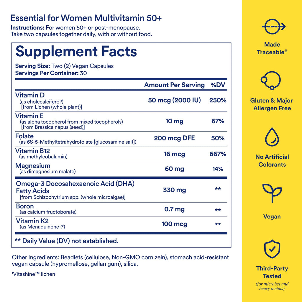Ritual Women 50+ Multivitamin — Vegan, Non-GMO, D3/K2/Mg, Omega-3 DHA, Mint, 60 Capsules