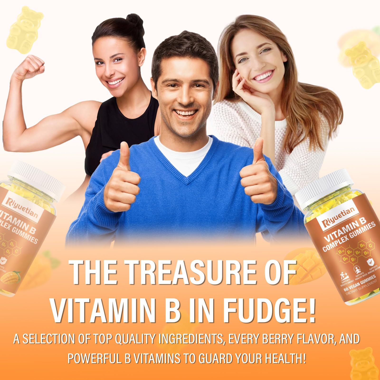 Riyuetian Vitamin B Complex Gummies with Biotin, Choline & Inositol, Vitamin C & Zinc – Supports Energy, Brain, Mood, Immune Health, Hair & Skin – Mango Flavor – Vegan – 120 Gummies