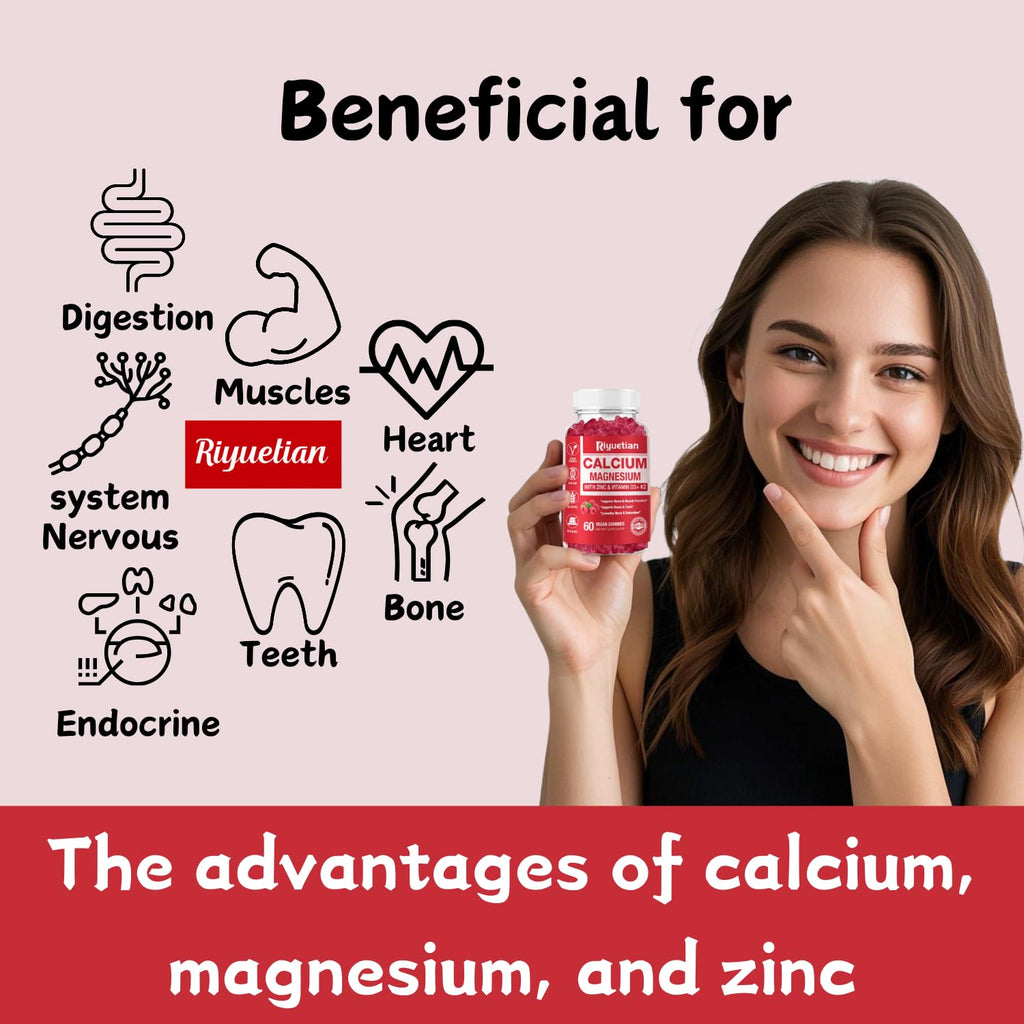 Riyuetian Calcium Gummies with Magnesium & Zinc + D3 & K2 - 60 Count | Bone, Teeth & Immune Support