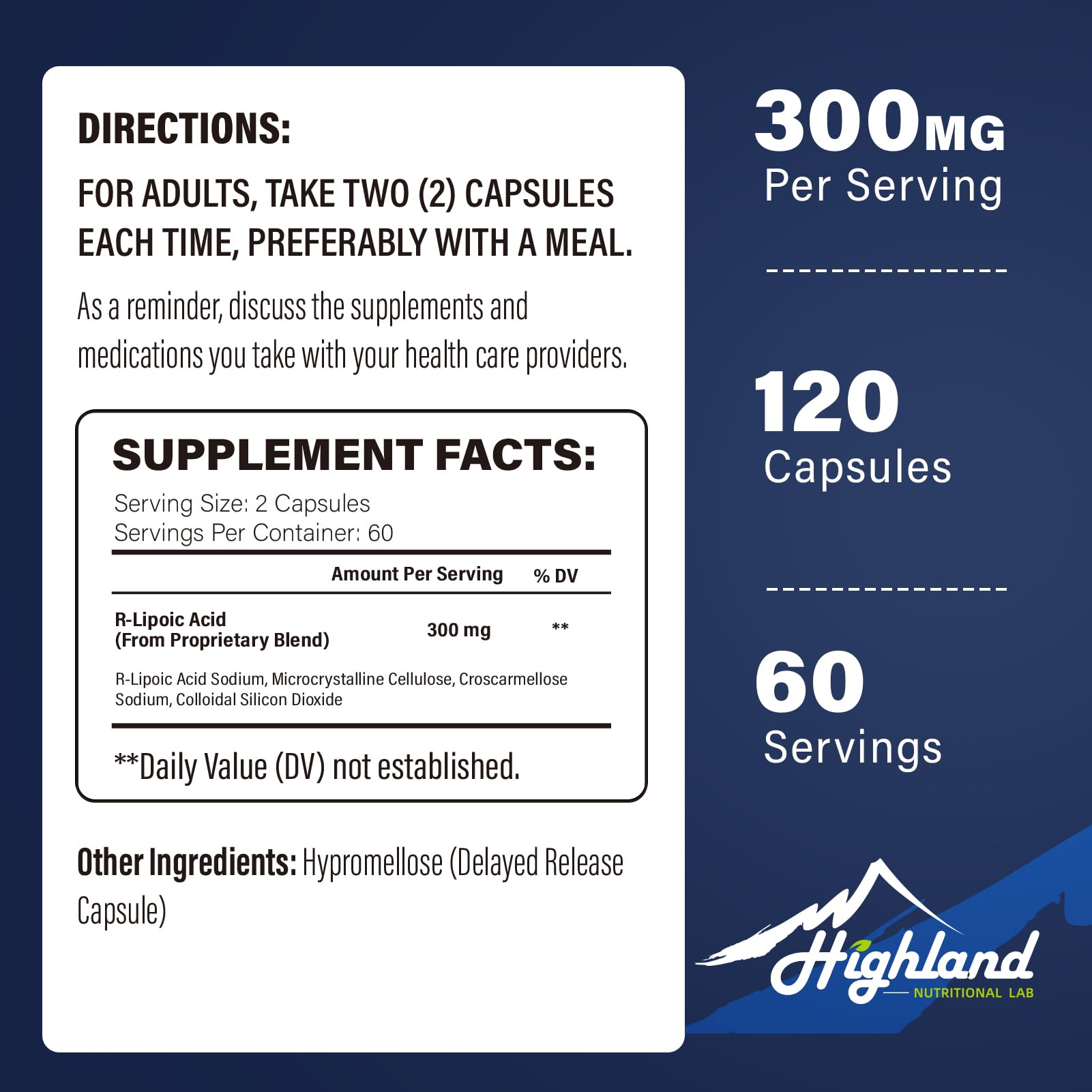 R-Lipoic Acid Sodium 300mg | Highland Nutritional Lab | 120 Capsules