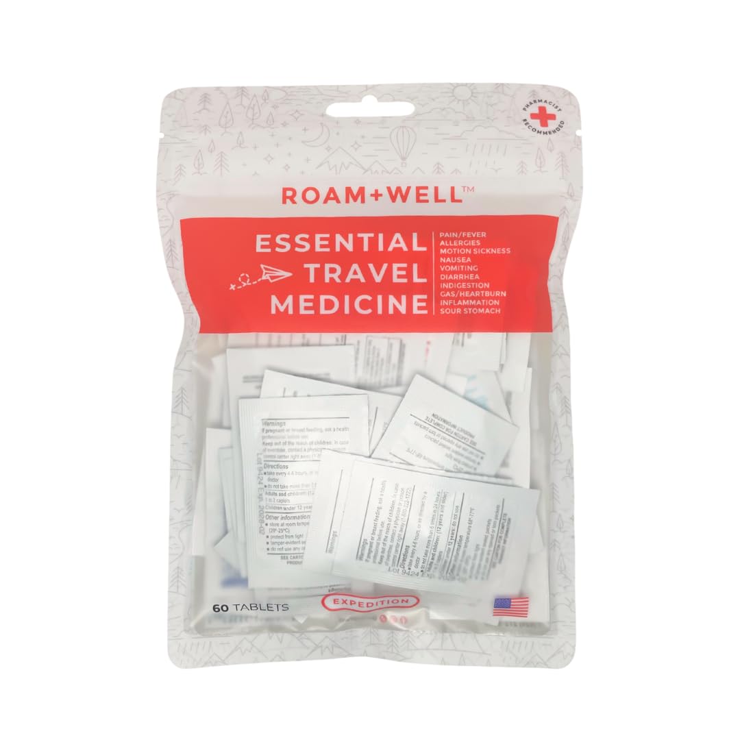 Roamwell Essential Travel Medicine Kit — TSA-Approved OTC Med Pack (Expedition | 60 Tablets)