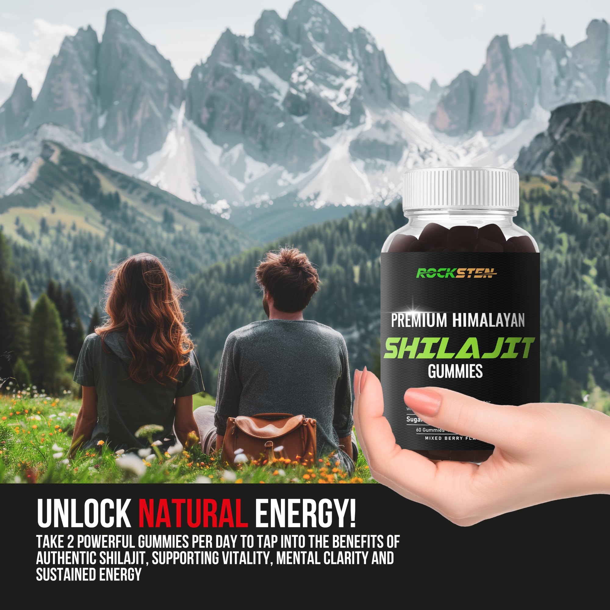 RockSten Premium Himalayan Shilajit Gummies - 1500mg with Ashwagandha & Turmeric | Vegan, Gluten-Free
