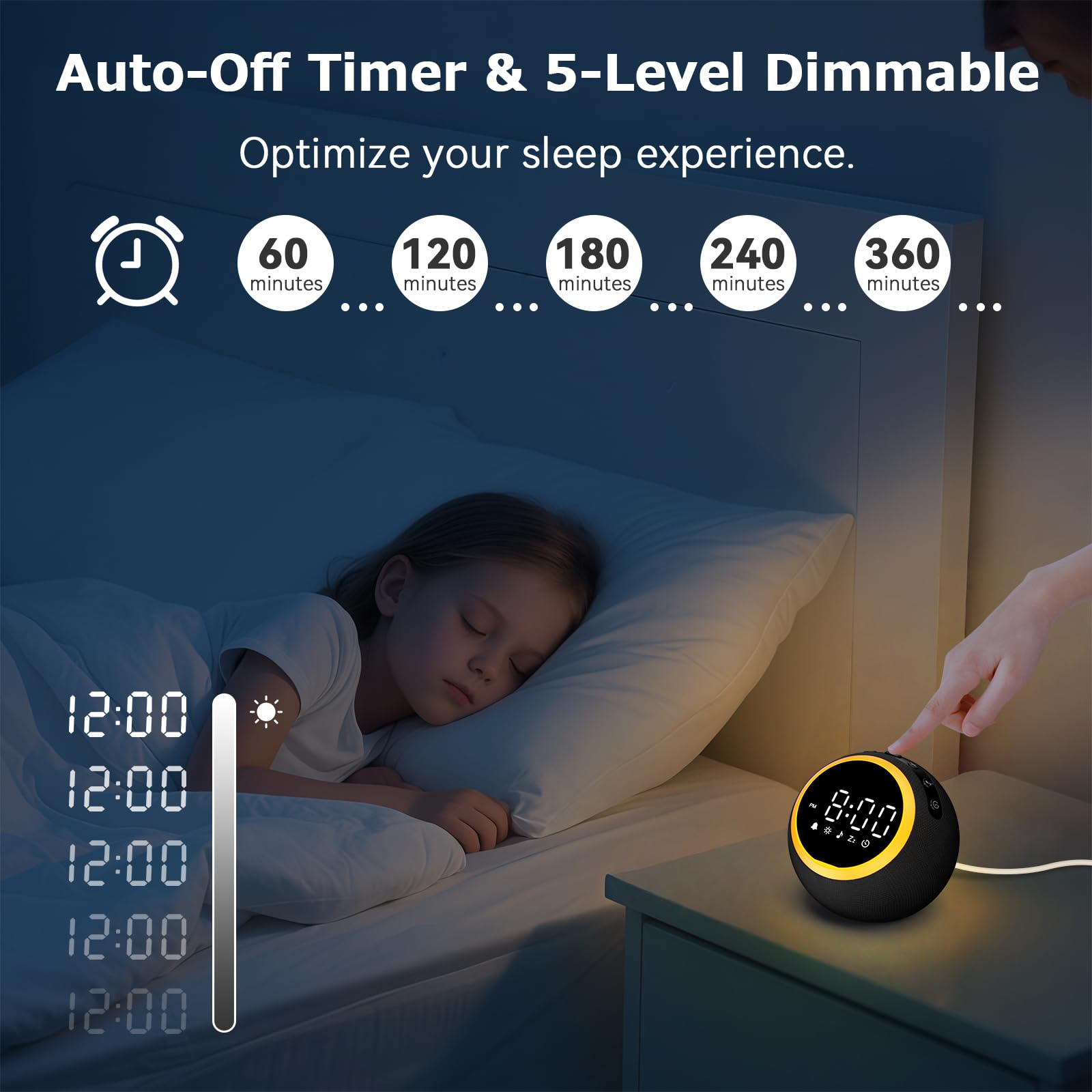 Rohent Alarm Clock with White Noise – 30 Sounds, 10 Wake-Up Tones, 32 Volume, Memory (Black)