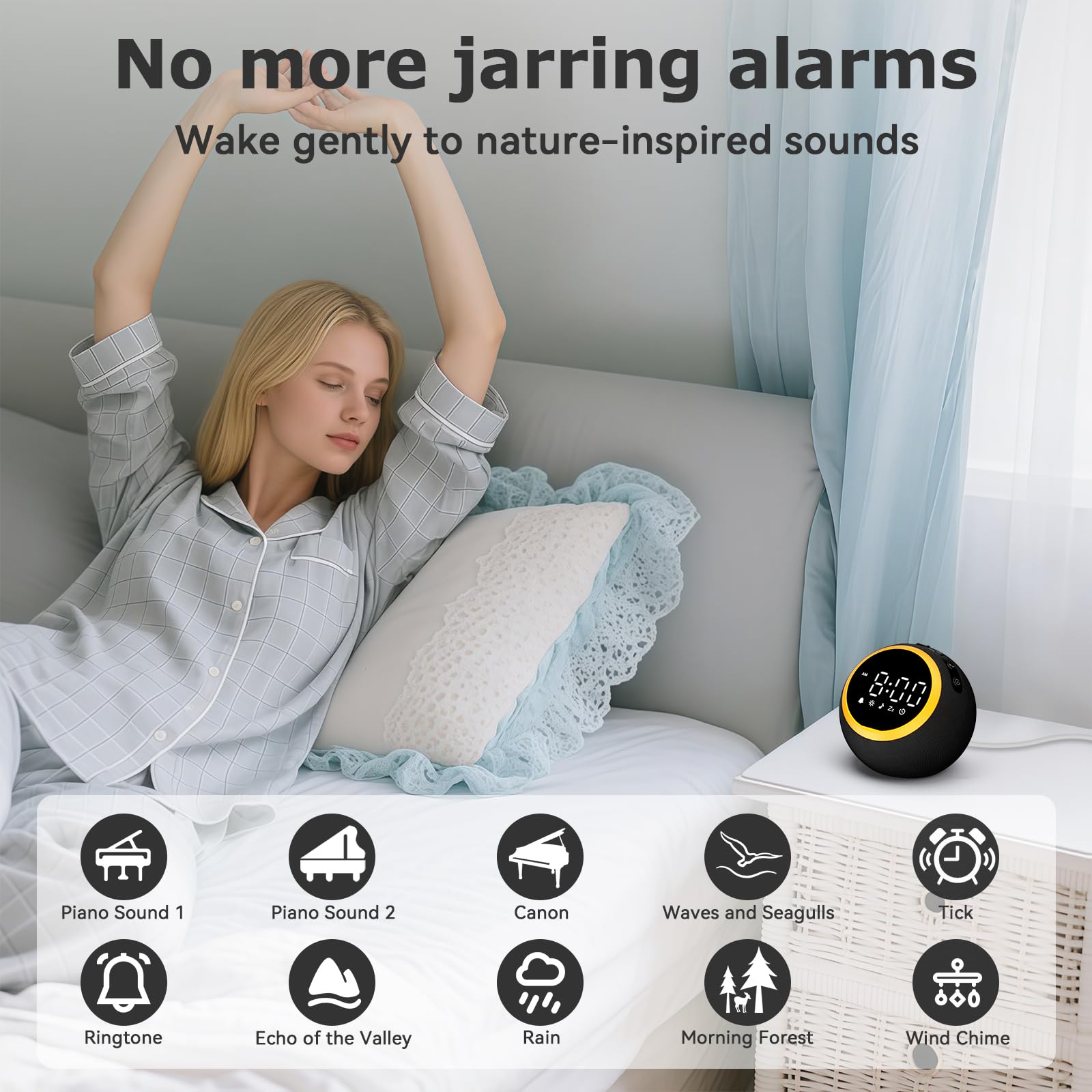 Rohent Alarm Clock with White Noise – 30 Sounds, 10 Wake-Up Tones, 32 Volume, Memory (Black)
